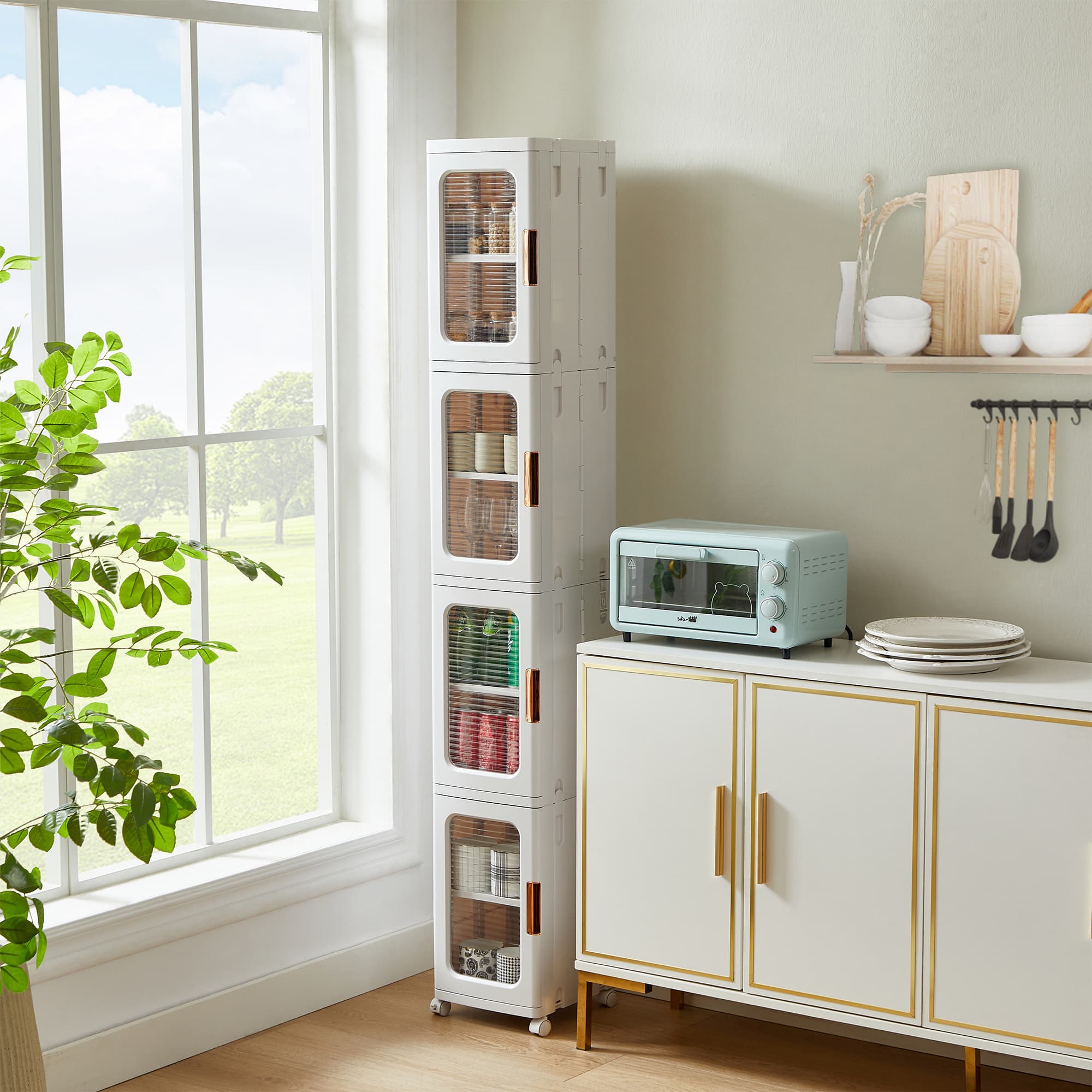 TEMU Vecelo 4 Tier Tall Plastic Slim Storage Cabinet With Movable Wheels For Bedroom, Living Room, Easy Assembly, White