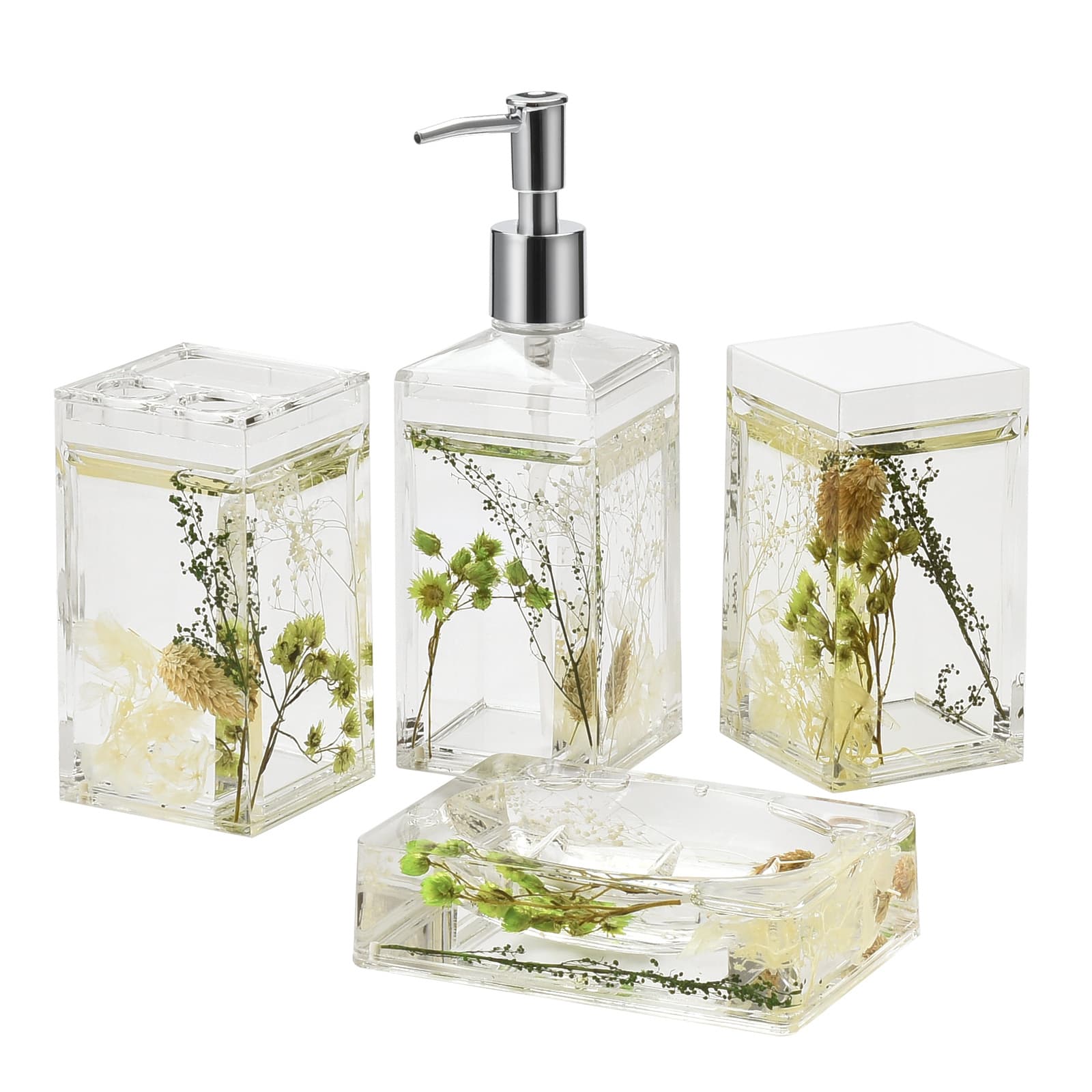 TEMU Home Acrylic Liquid 3d Floating Motion Kitchen Bathroom Vanity Accessory Set 4 Pieces Garden Theme Soap Dispenser Soap Dish