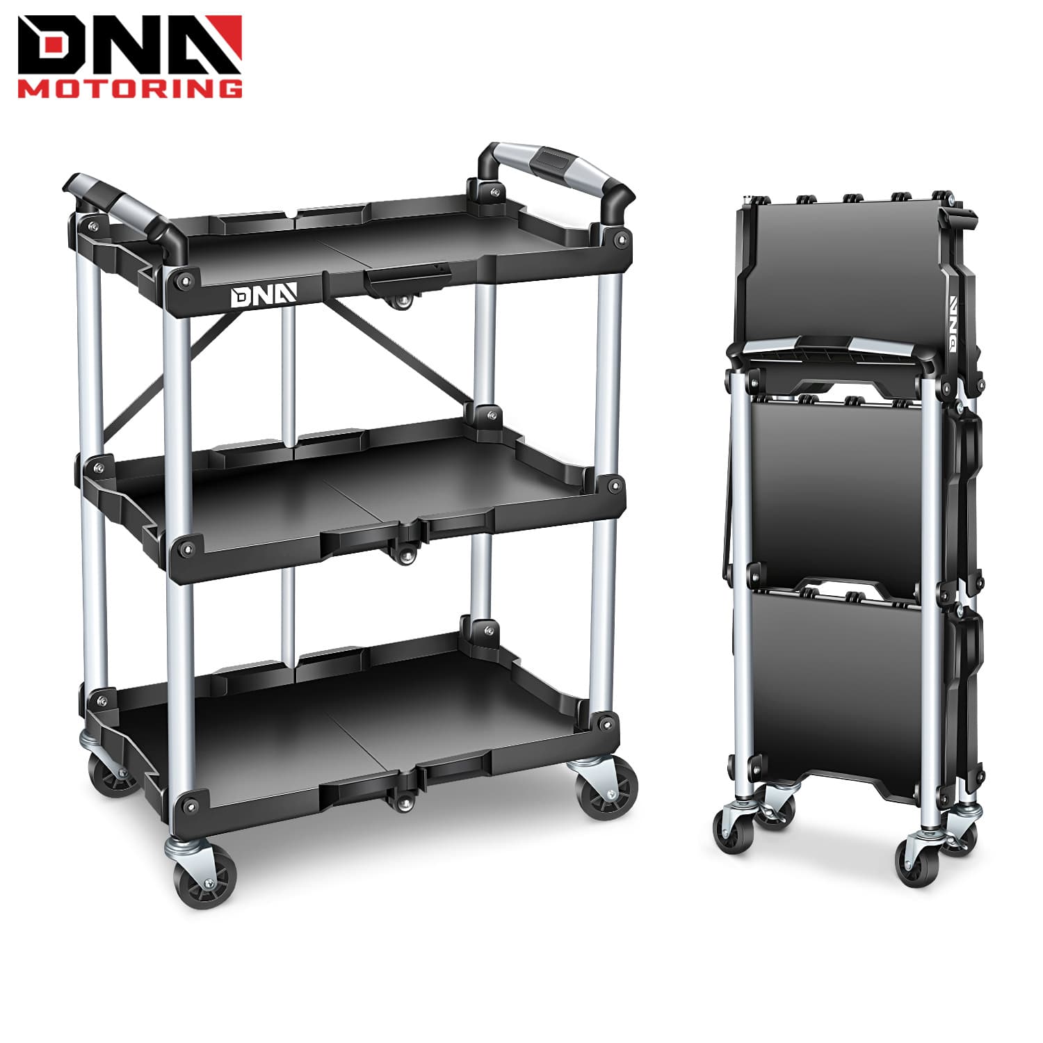 TEMU 3 Tier Folding Rolling Service Cart, 265lbs Capacity Collapsible Utility Cart For Warehouse, , Restaurants, W/ 360 Swivel Wheels, Black