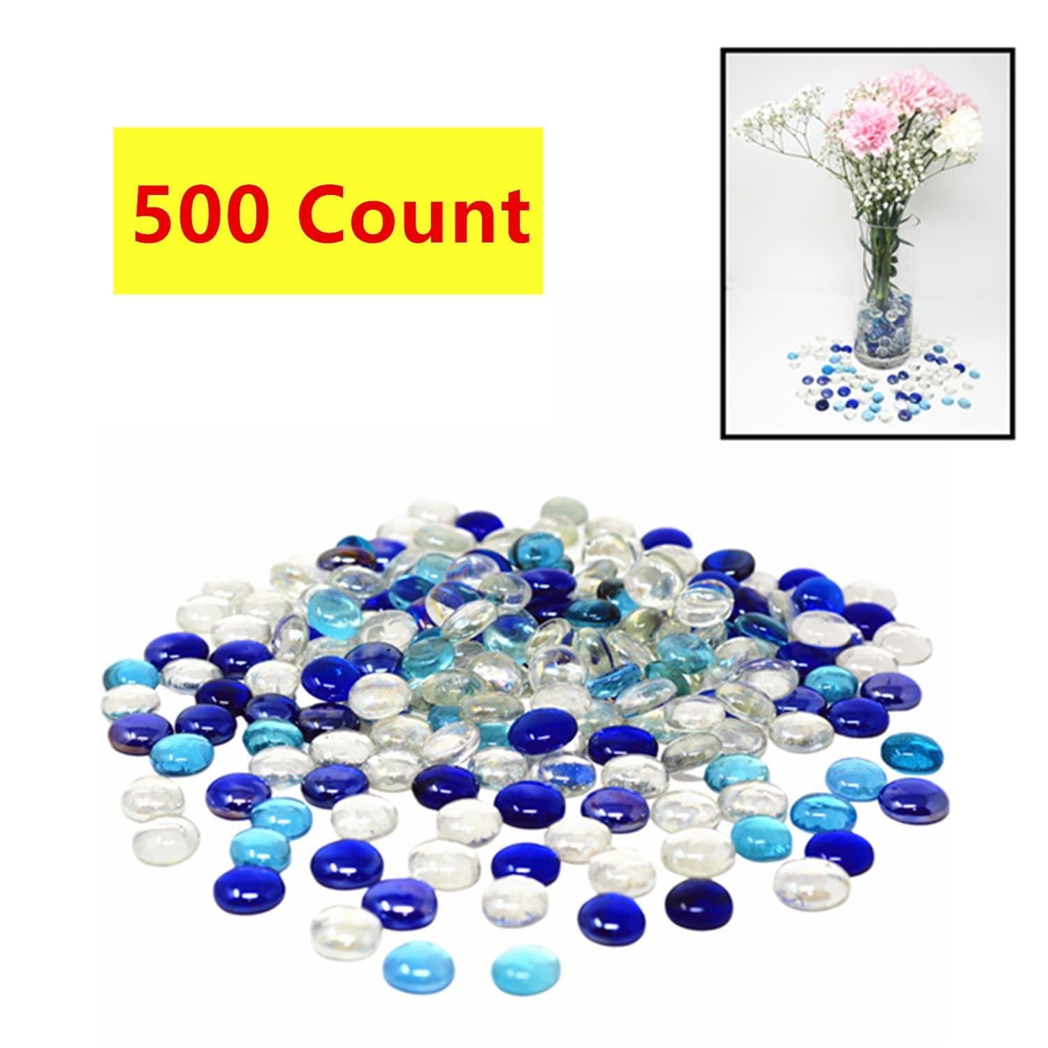 TEMU 5lb (500 Count) Of Flat Glass Marbles Blue, Clear Mixed Color Glass Gems Pebbles Stones Marbles Vase Filler Accents And Crafting Aquarium Decor