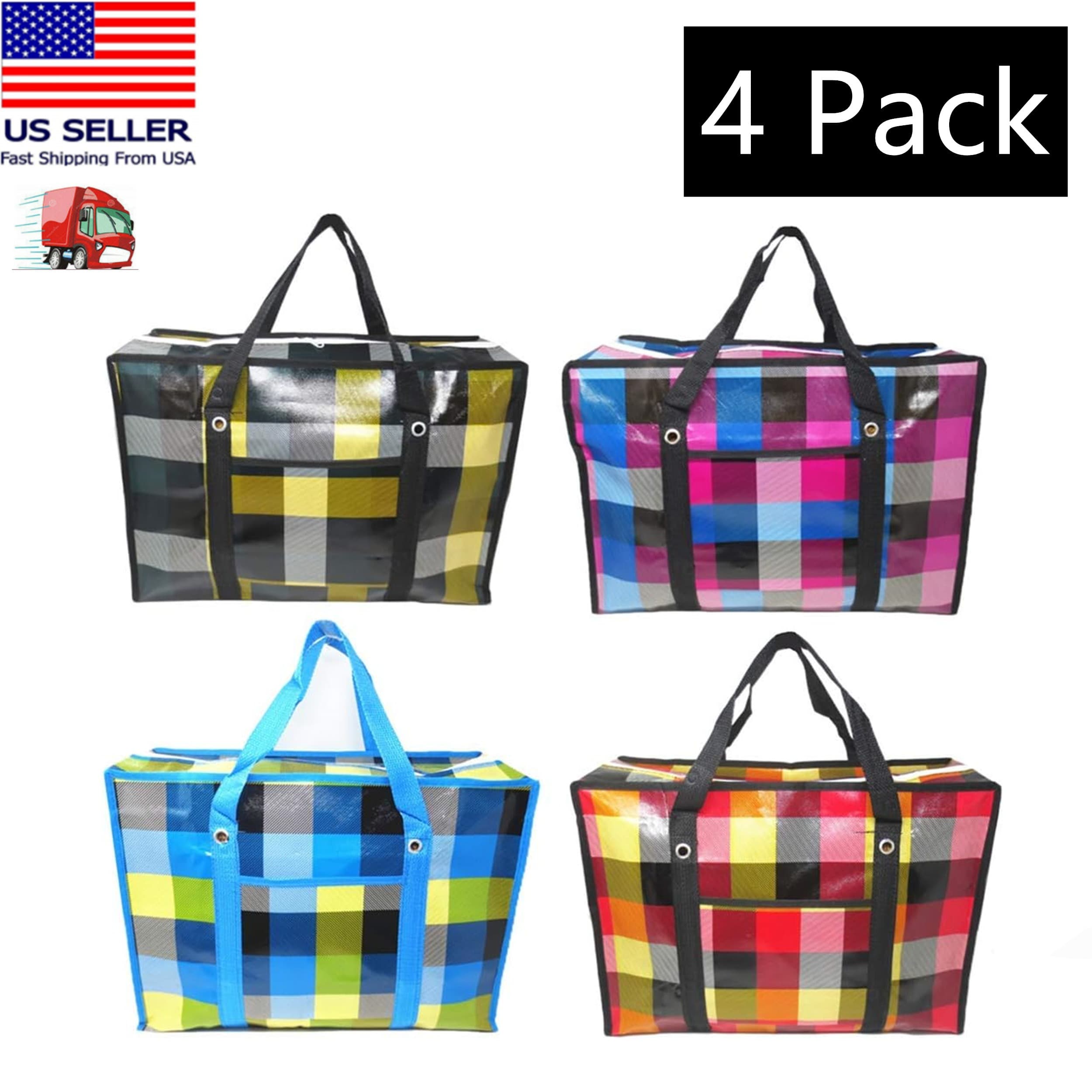 TEMU Set Of 4 Reusable Hard Plastic Fabric Checkered Laundry Bags With Zipper And Handles For Travel, Grocery, Laundry, Shopping, Storage, Moving, Size: (19.5"x13.5"x7.5") - Colors May