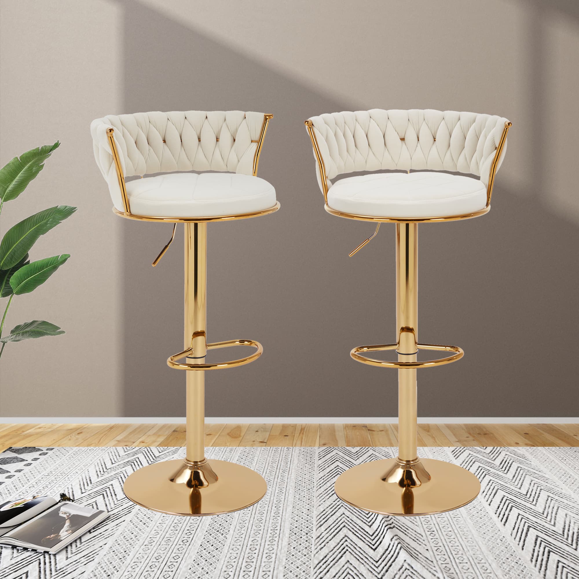 TEMU Vecelo Bar Stools Set Of 2 Adjustable Barstools Counter Height Stools With Velvet Woven Kitchen Back 360 Swivel Bar Chair
