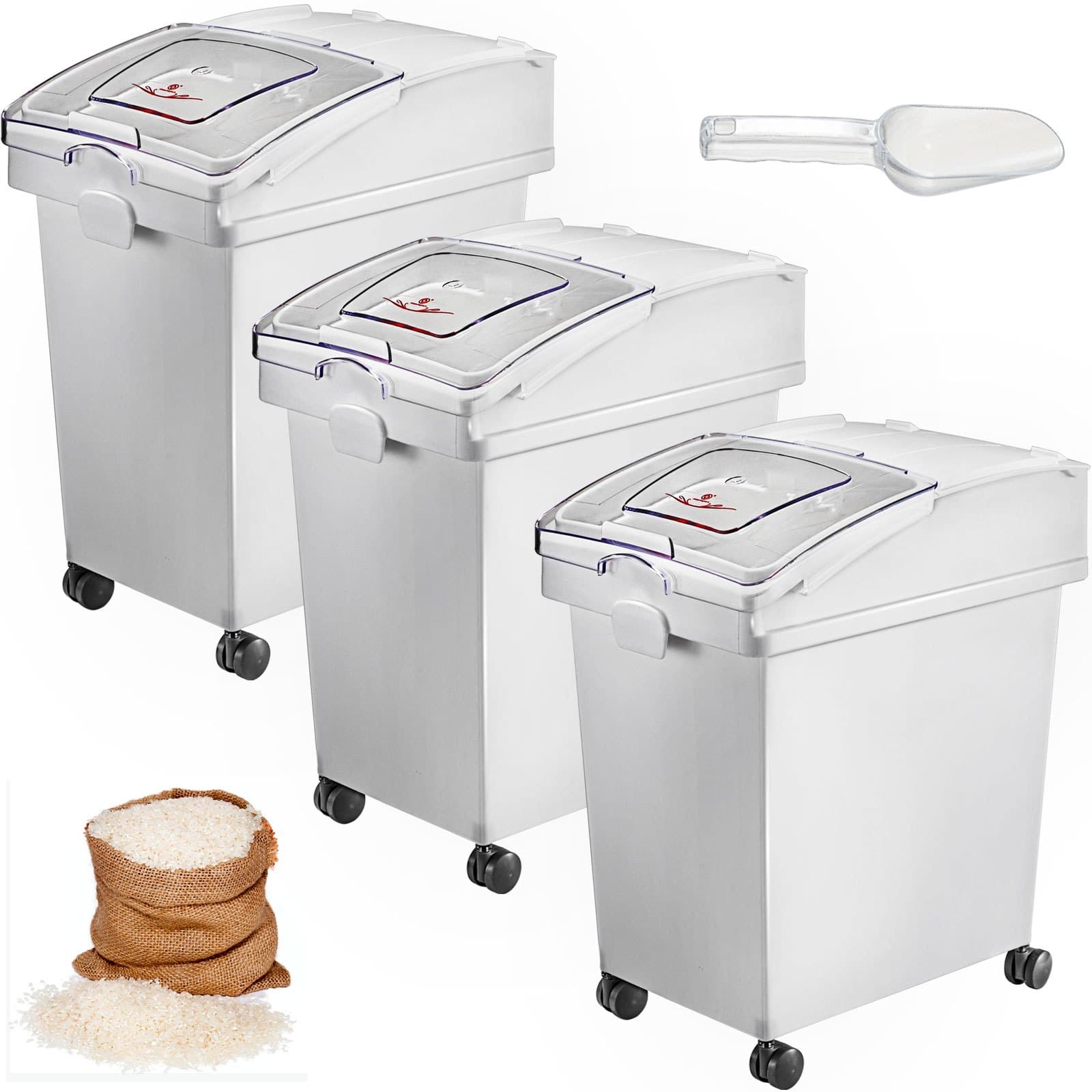 TEMU Vevor Bin, 5.2 Gallons Capacity Storage Bin, 3 Pcs/set, Pp Material Flour Bins On Wheels, White Shelf Bin With Scoop And Sliding Lid, Commercial Storage Bins