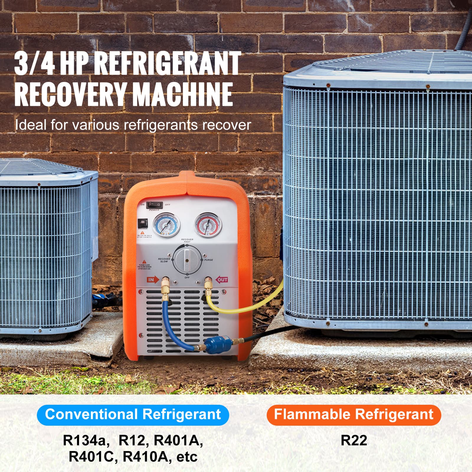 TEMU Vevor 3/4 Refrigerant Recovery Machine - Portable Machine With High Pressure Protection, 120v 60hz Refrigerant Recycle Machine Hvac For Car Air Conditioning, Vapor Liquid Refrigerant