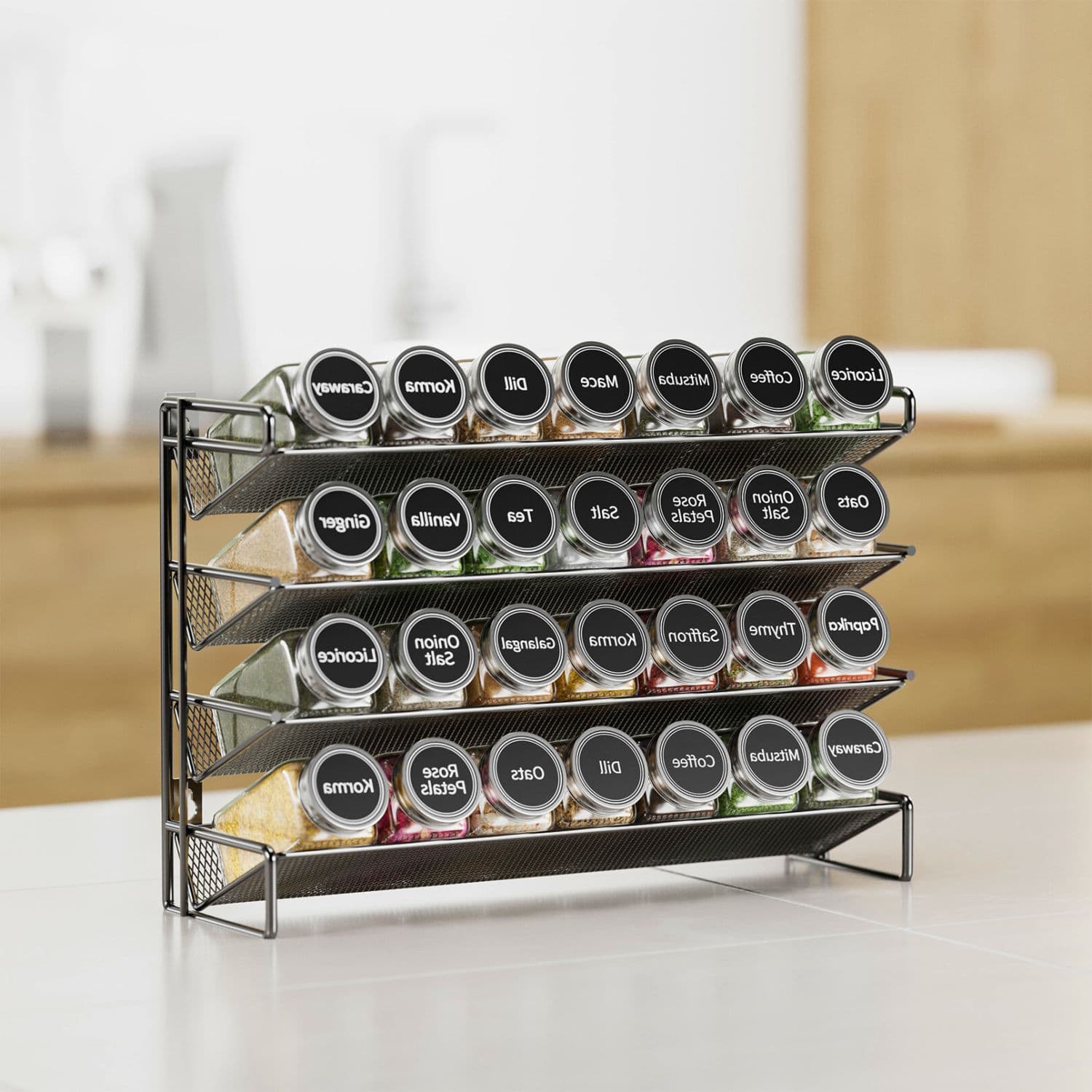 TEMU Rack Organizer For Cabinet, Countertop, Pantry, Cupboard, Or Wall, Includes 28 Spice Jars, 386 Labels, Chalk Marker, And Funnel Set, 13.4" W 10.8" H