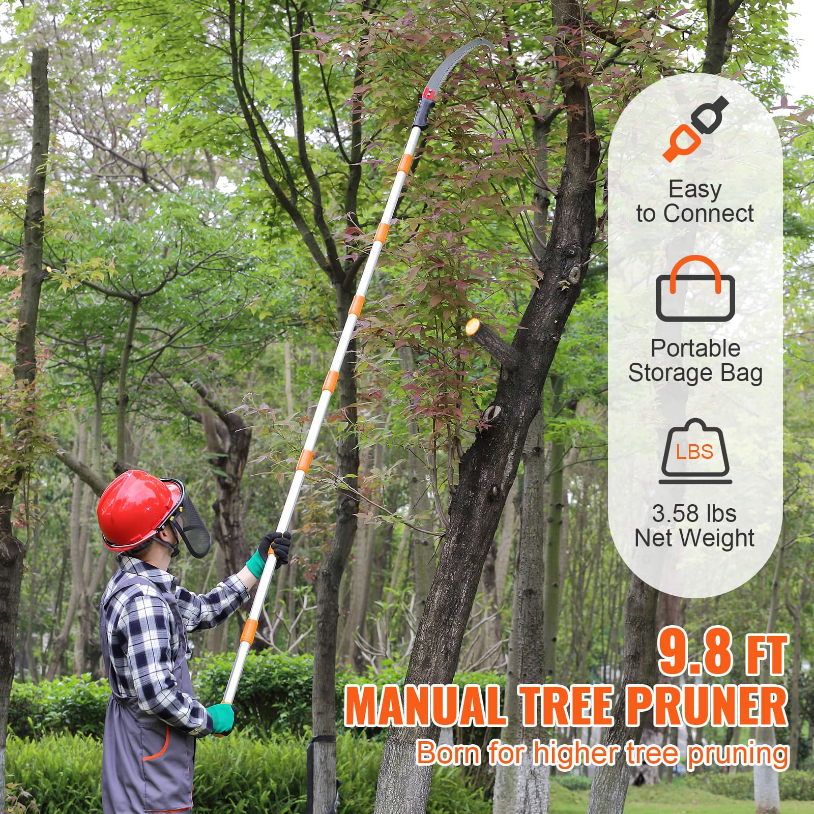 TEMU Vevor Manual Pole Saw,4.6-9.8 Ft Extendable Tree Pruner, Sharp Steel Blade For High Branches Trimming, Manual Branch Trimmer With Lightweight Aluminum Alloy Handle, For Pruning Palms And Shrubs