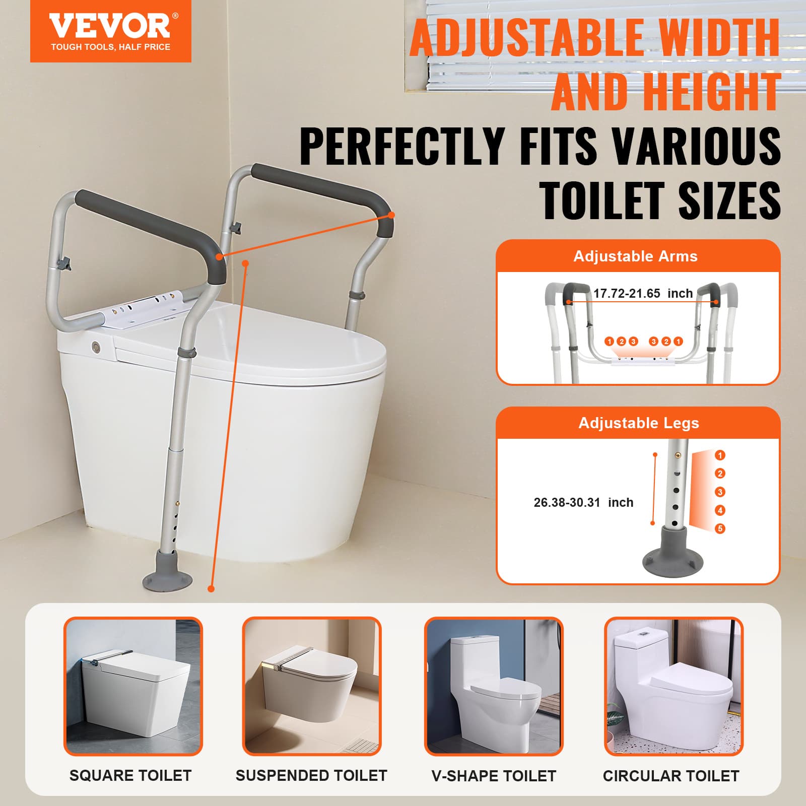 TEMU Vevor , Bathroom Toilet Seat Frame, Adjustable Width & Height Fit Most Toilets, Supports 300lbs, Toilet Handles Grab Bars With Padded Armrests For Handicap, Disabled, Seniors