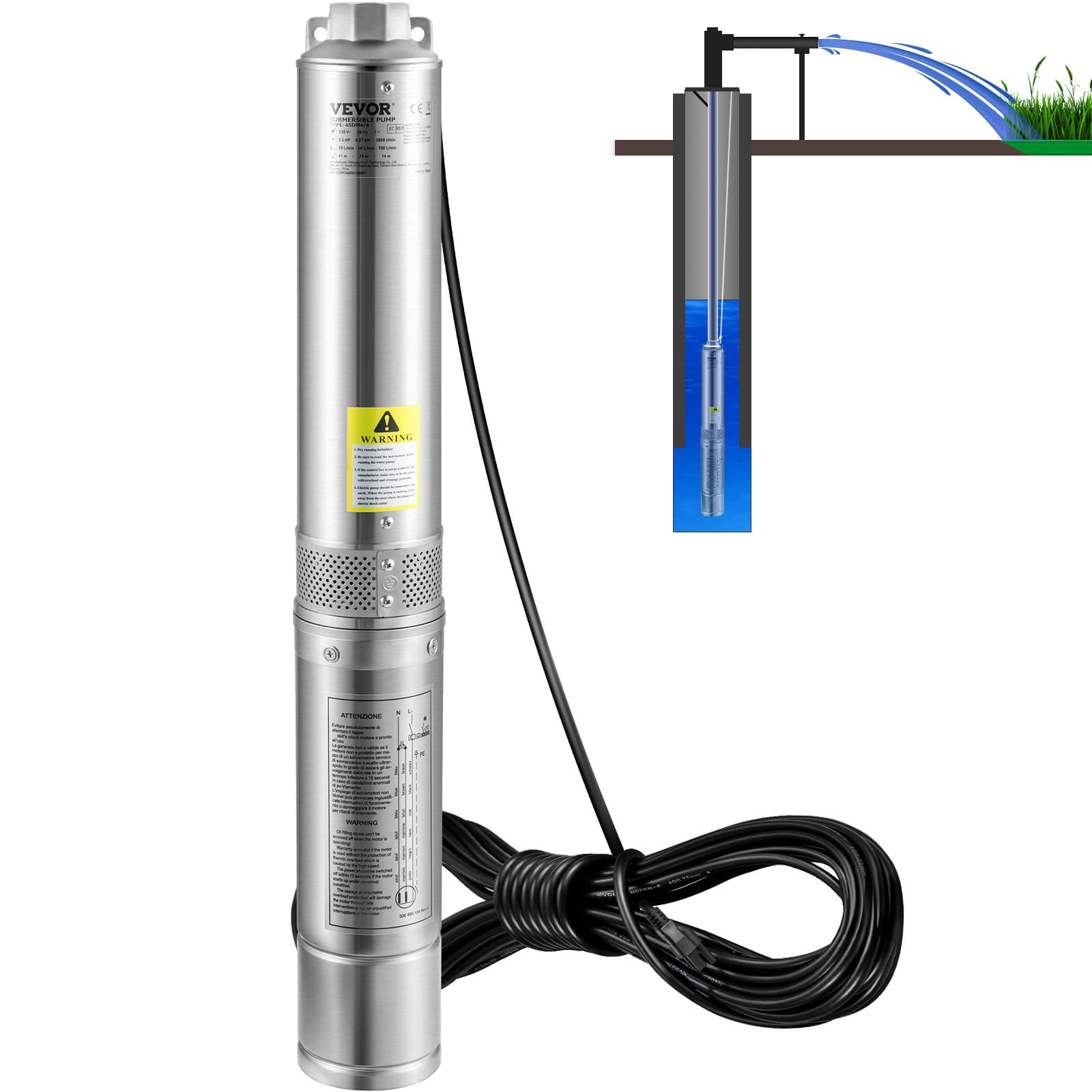 TEMU Vevor Submersible Pump, 1hp 230v/60hz, 37gpm Flow 207ft Head, With 33ft Electric Cord, 4" Stainless Steel Water Pump For Industrial, Irrigation&home Use, Ip68 Waterproof Grade
