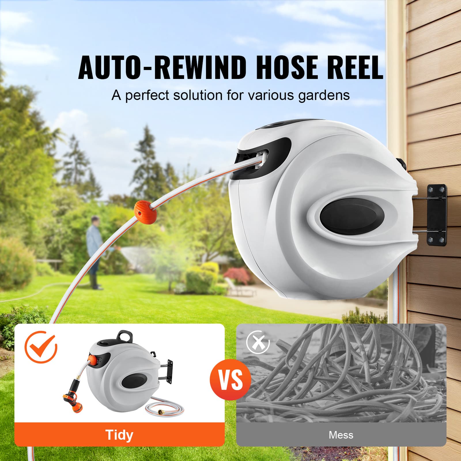 TEMU Vevor Retractable Hose Reel, 100 Ft X 1/2 Inch, 180 Swivel Bracket Wall-mounted, Garden Water Hose Reel With 9-pattern Nozzle, Automatic , Lock At Any Length, And Slow