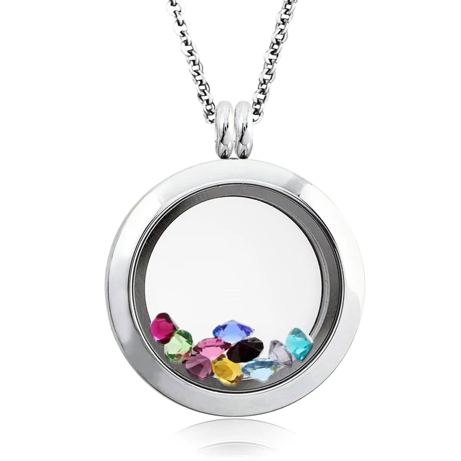TEMU 25mm Locket Pendant | 316l Stainless Steel Minimalist Classic Birthstones Cz Cubic Zirconia Floating Glass Dainty Charm Necklace