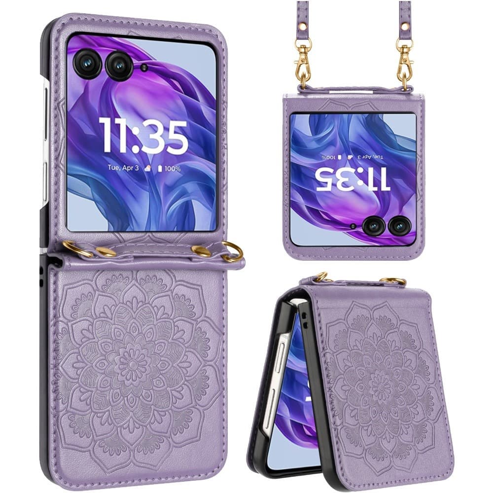 TEMU For Motorola Razr 2024 / Motorola Razr+ Plus 2024 Phone Case, Flower Embossed Floral Henna Pu Leather Strap Lanyard Hybrid Protective Cover