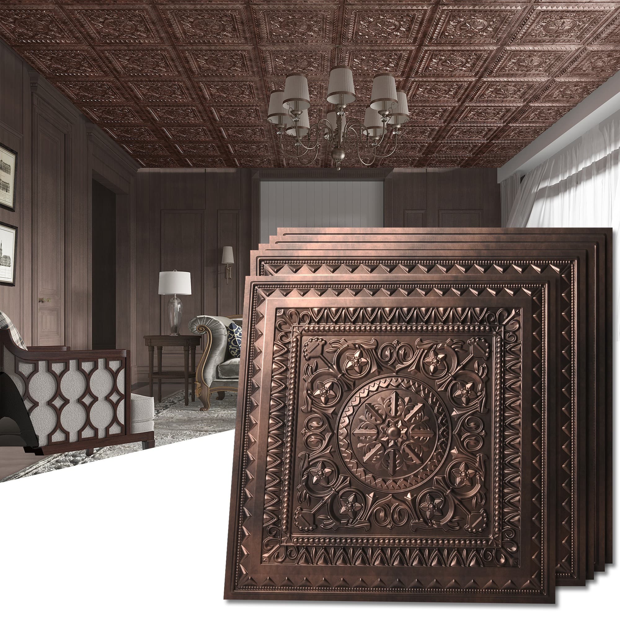 TEMU Copper 2ft. X 2ft. Glue-up Pvc 3d Ceiling Tiles Wall Panels, Plastic Wall Panels For Room Decor, 12-pcs (48 . )
