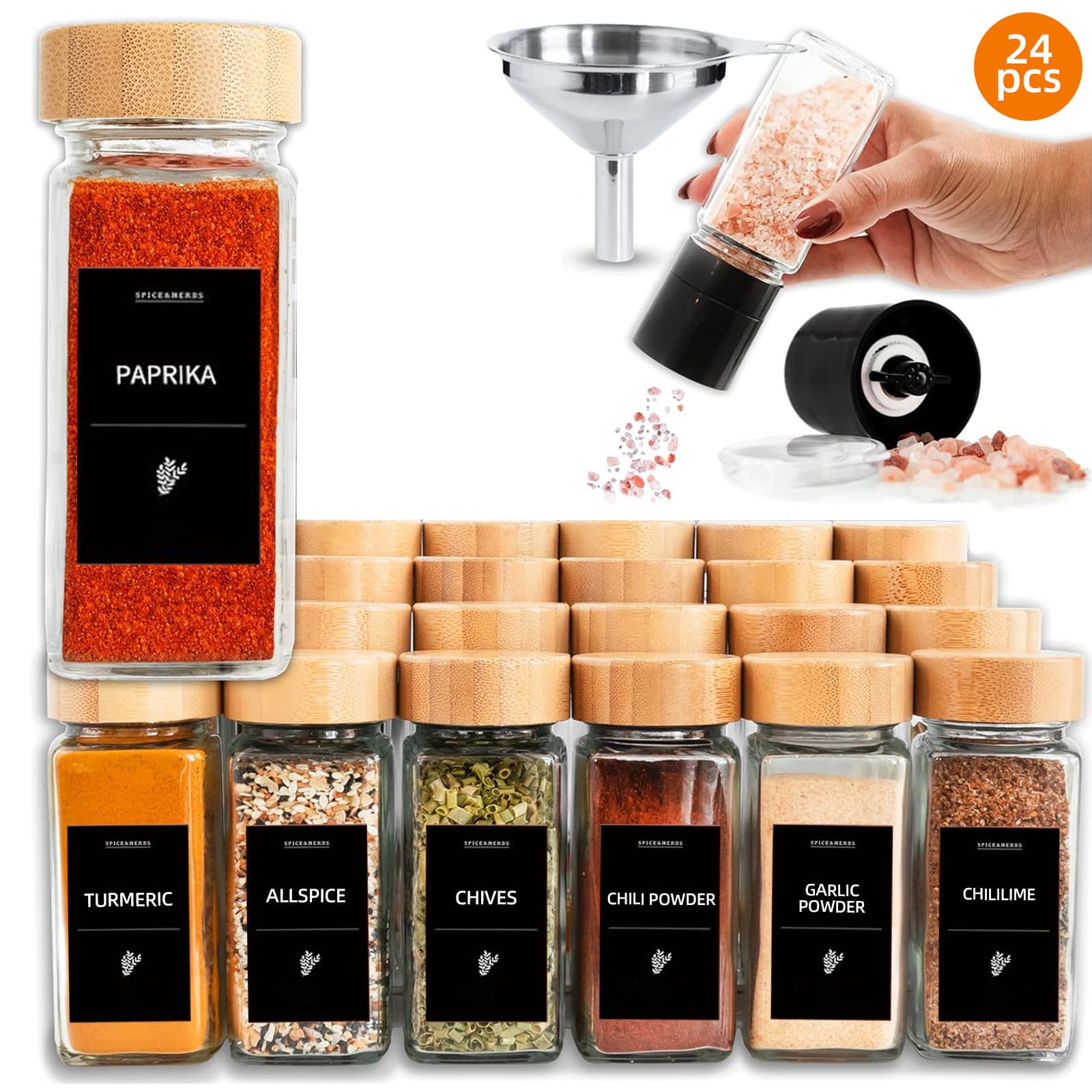 TEMU Whonline 24 Pcs Square Spice Bottles With 2 Grinders And Labels, Lids, And Funnels, 4 Oz. Spice Container For Storing Spices, Seasonings, And , 1..5 In.