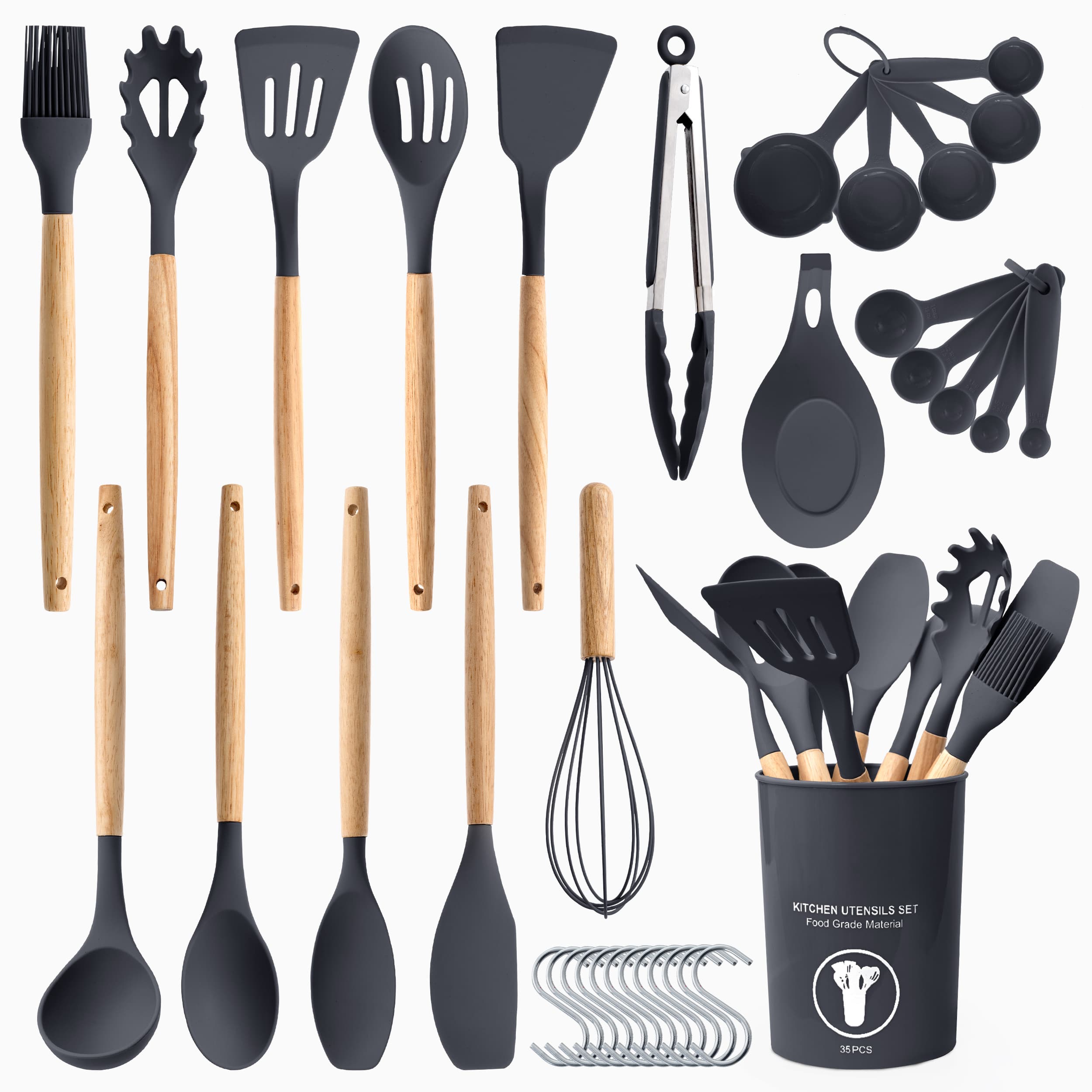 TEMU 35 Piece Kitchen Utensils Set With Holder - Heat Resistant Wooden Handle - Silicone Cooking Spatula, Kitchen Essentials Tools And Gadgets