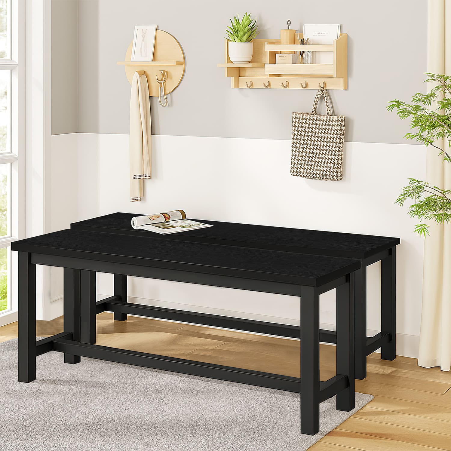 TEMU 2-piece Industrial Dining Bench Set – Metal Frame With Wood Top, Entryway Benches For Kitchen, Hallway, Bedroom Or Foyer