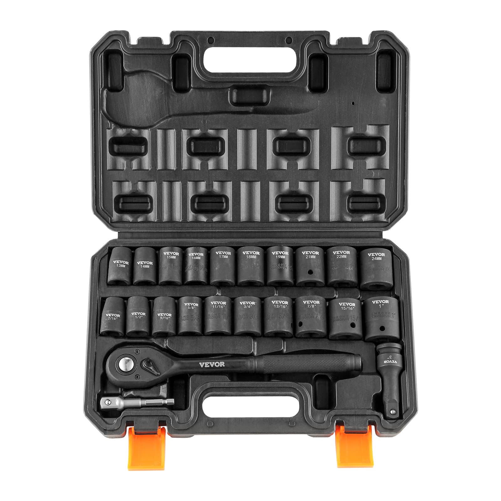 TEMU Vevor 1/2" Drive Impact Socket Set, 23 Piece Socket Set Sae (7/16" -1")& Metric 6 Point Alloy Steel For Auto Repair With Ratchet Handle Rugged Construction Storage Case