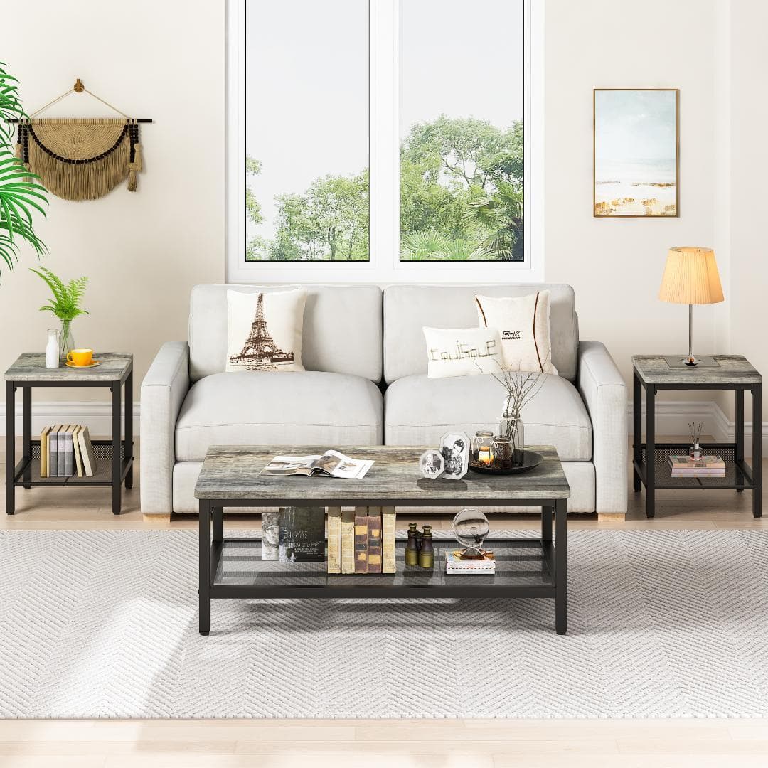 TEMU Living Room 3-piece Coffee Table Set, Modern Coffee Table Set With Tea Table & 2 End Side Tables, Space-saving Coffee Table Set With Rack For Living Room, Small Space, Apartment, Bed Room