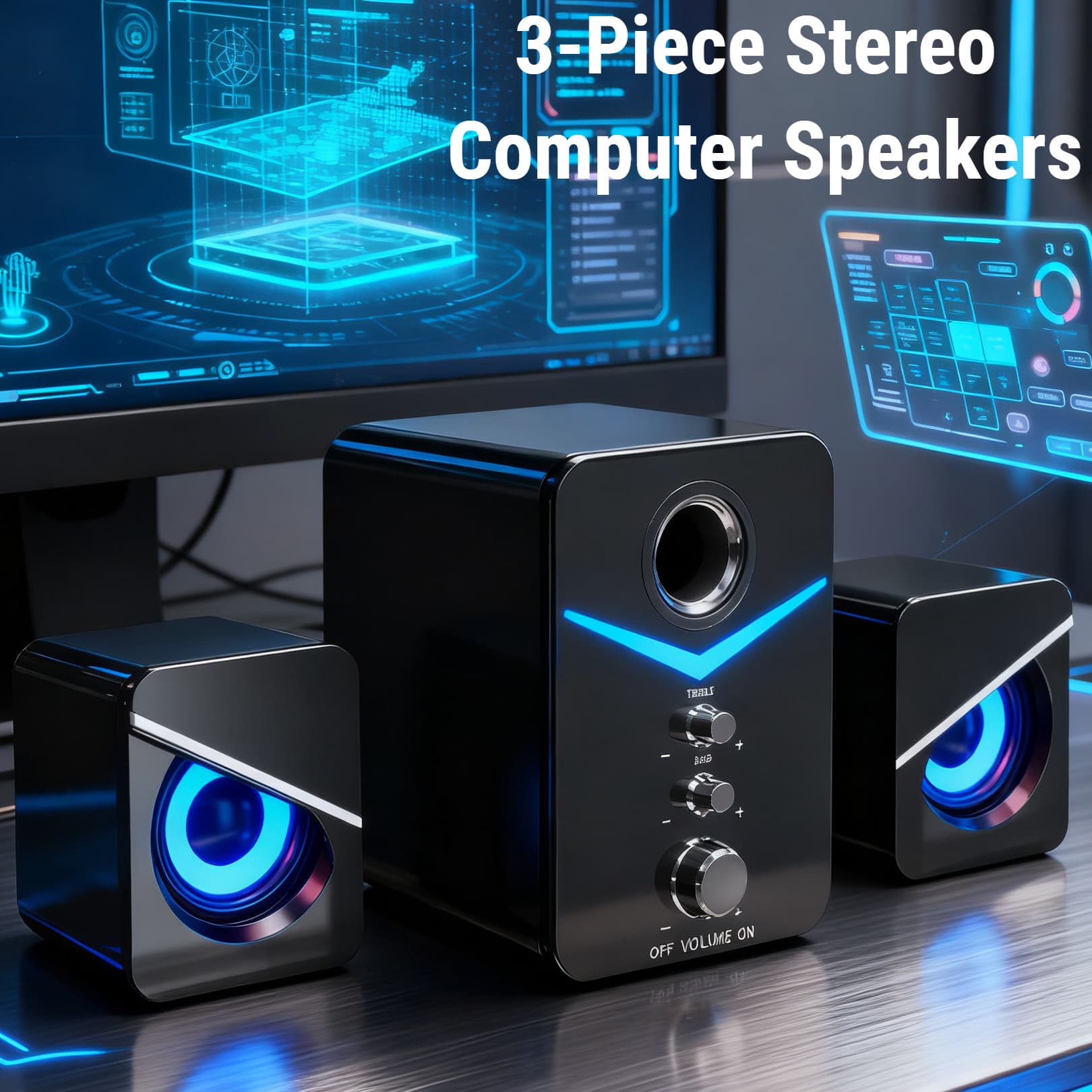 TEMU 3-piece Computer Speakers With Subwoofer – Usb Desktop Speaker System With 3.5mm Audio Jack, & Treble Control, Blue Led Light For Pc/laptop