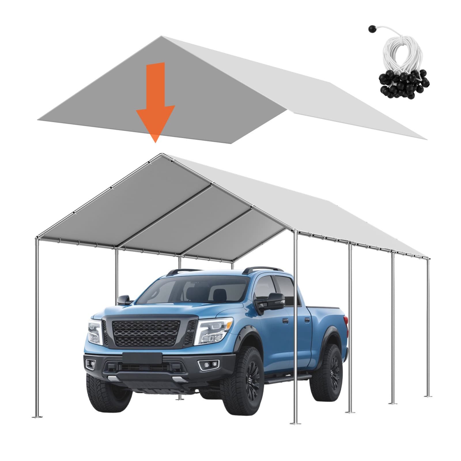 TEMU Vevor Carport Replacement Canopy, 10 X 20 Ft Potable Garage Tent Top Tarp, Uv-resistant & Waterproof Car Shelter Tarp, Heavy Duty Car Port Cover With Ball Buggees, Grey, Frame Not Included