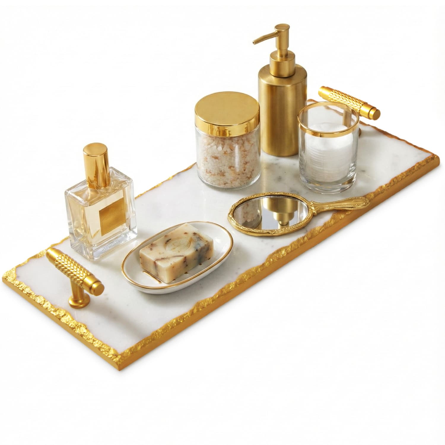 TEMU Modern Marble Organizer Tray - Tray With Gold Rim For Countertops And Vanities, Ideal For Soap Dispensers, Perfumes, And Vanity Items
