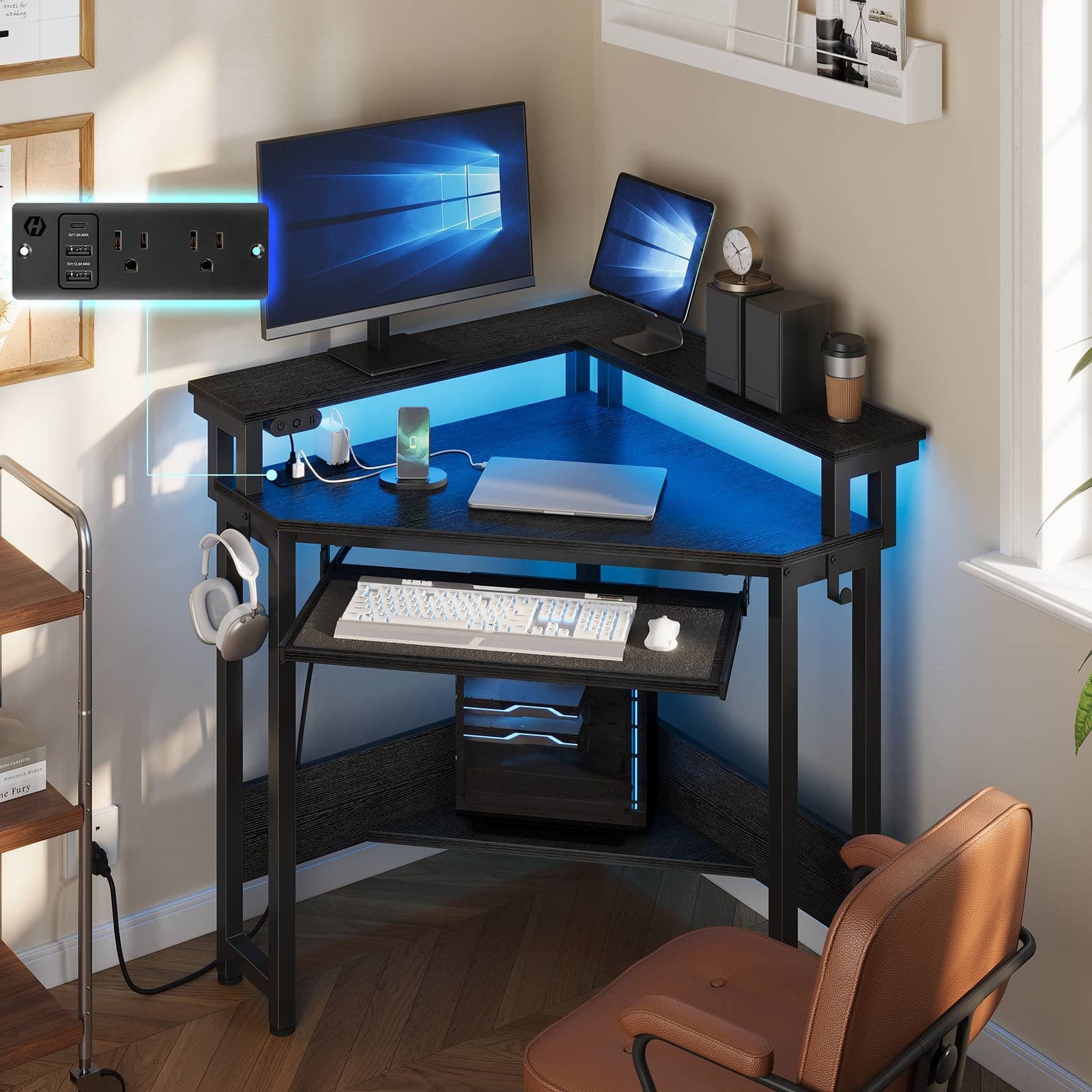 TEMU Small Corner Computer Desk With Keyboard Tray And Headphone Holder With Power Socket, Led Light, With Monitor Stand, Space Saving, , Bedroom Decor