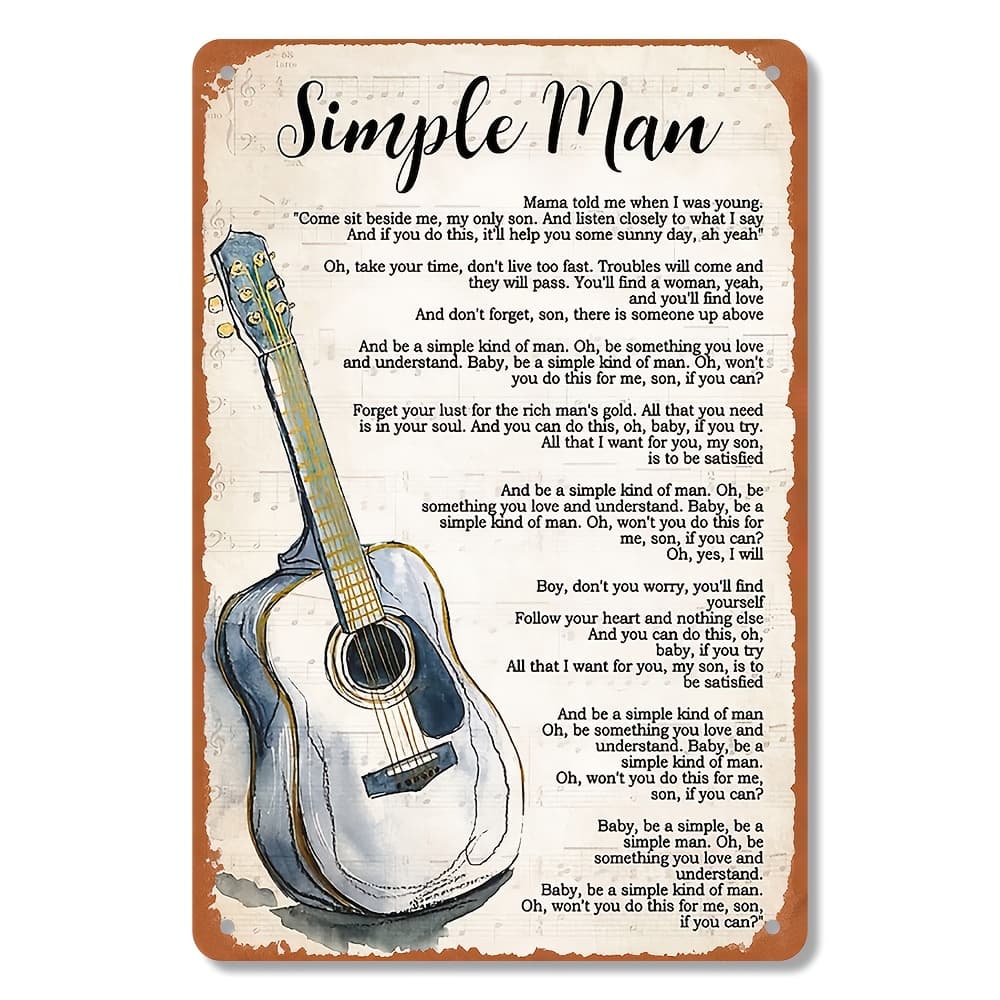 TEMU 2d Flat-vintage "simple For Man" Lyrics Metal Canvas With Guitar Illustration - Classic Wrought Iron Wall Art, 8x12 Inch Home Decor Gift For Music Lovers, Music Decor