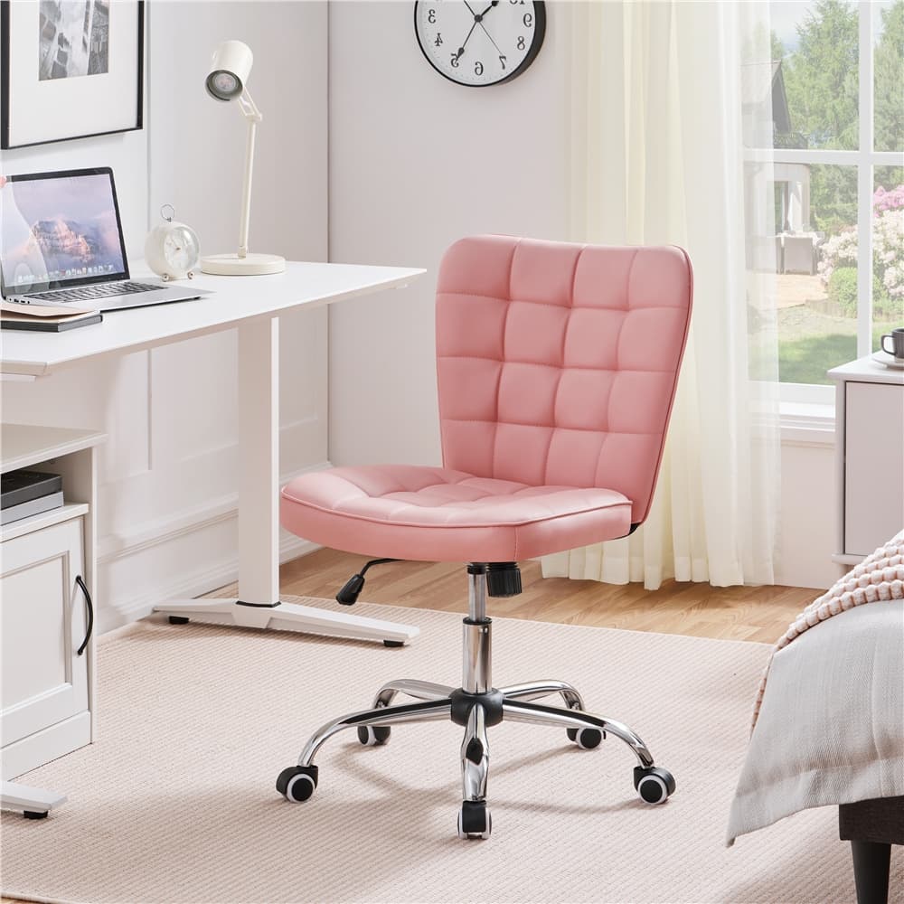 TEMU Modern Desk Chair Vanity Chair For Bedroom, Tufted Armless Chair With Chrome- Base, Rolling Wheels, Adjustable Seat Height, Mid- Chair, Bedroom Furniture,, Halloween Furniture