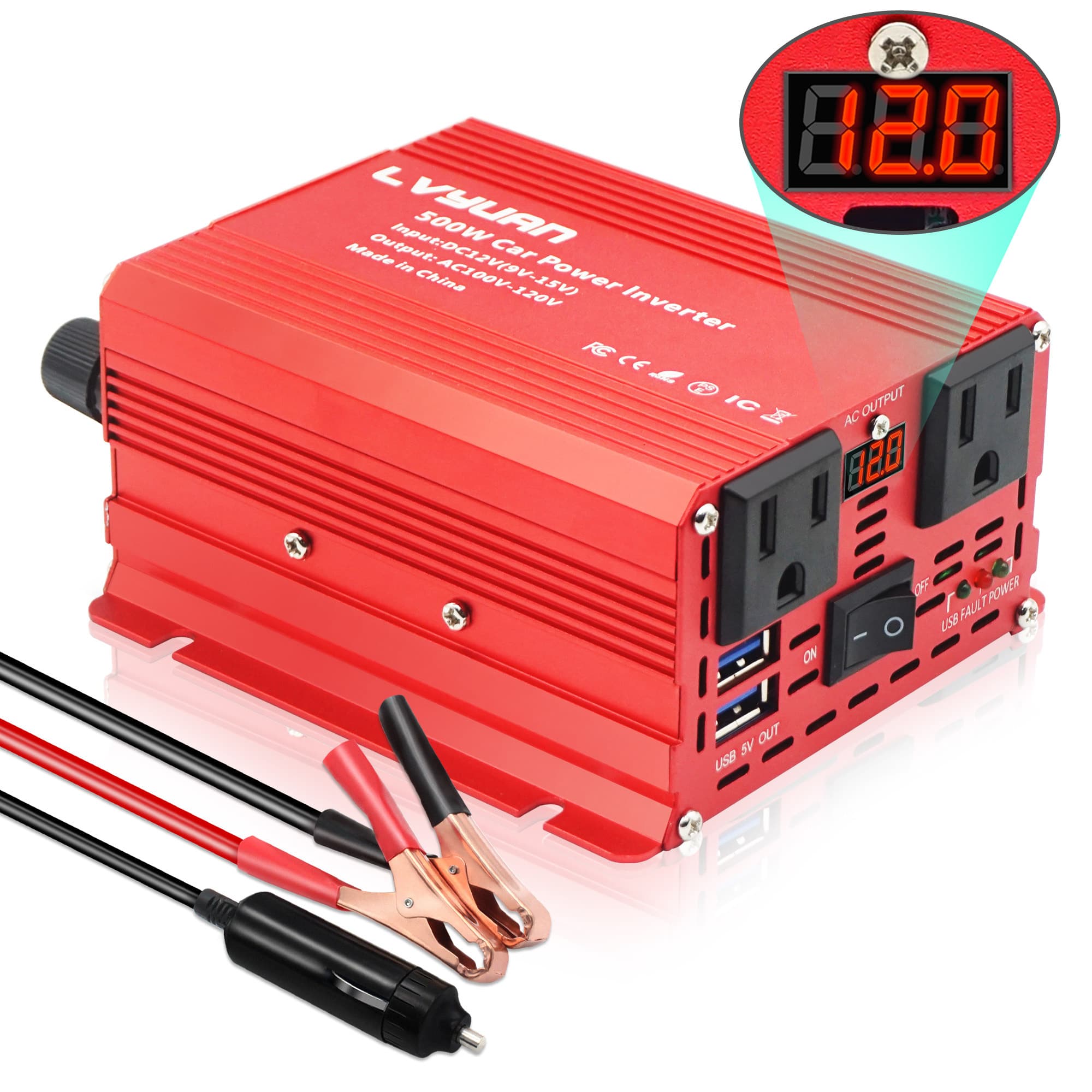 TEMU 500 Watt Car Power Inverter 12v To 110v To Ac Converter, Car Inverter With Dual 3.1a Usb Ports, Lcd Digital Display Red