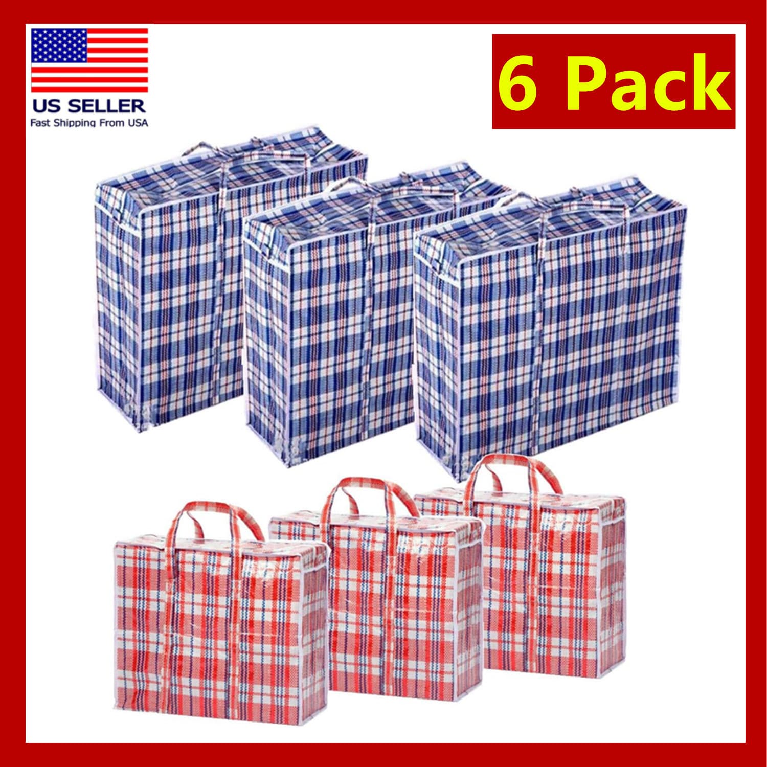 TEMU Set Of 6 Large & Jumbo Plastic Checkered Laundry Bags With Zipper And Handles For Travel, Laundry, Shopping, Storage, Moving, Size: (27"x23"x5.5") And (19"x19"x4") - Color May