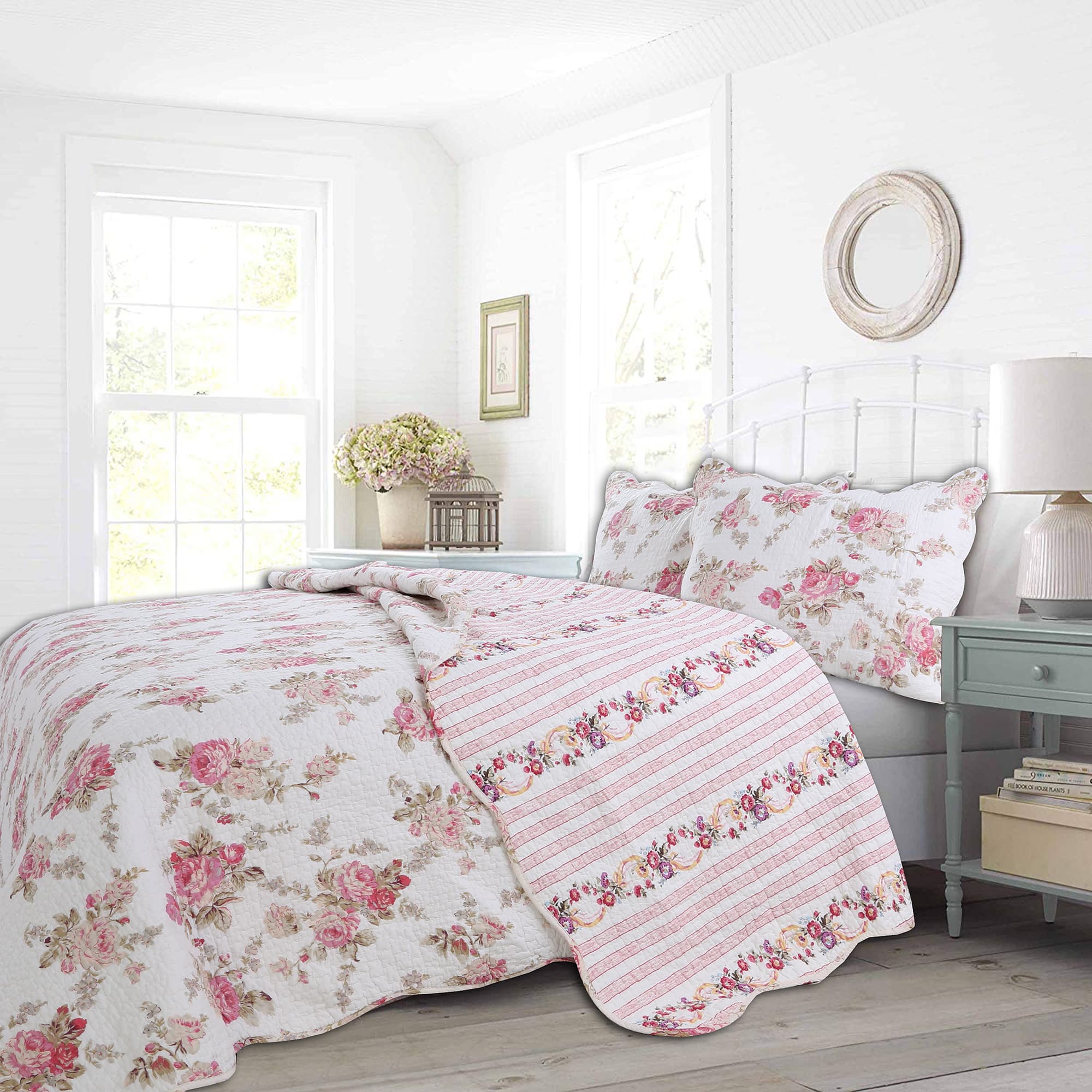 TEMU 3pc 100 Cotton Shabby Chic Floral Reversible Quilt Bedding Set, Lightweight Bedspread Coverlet For All