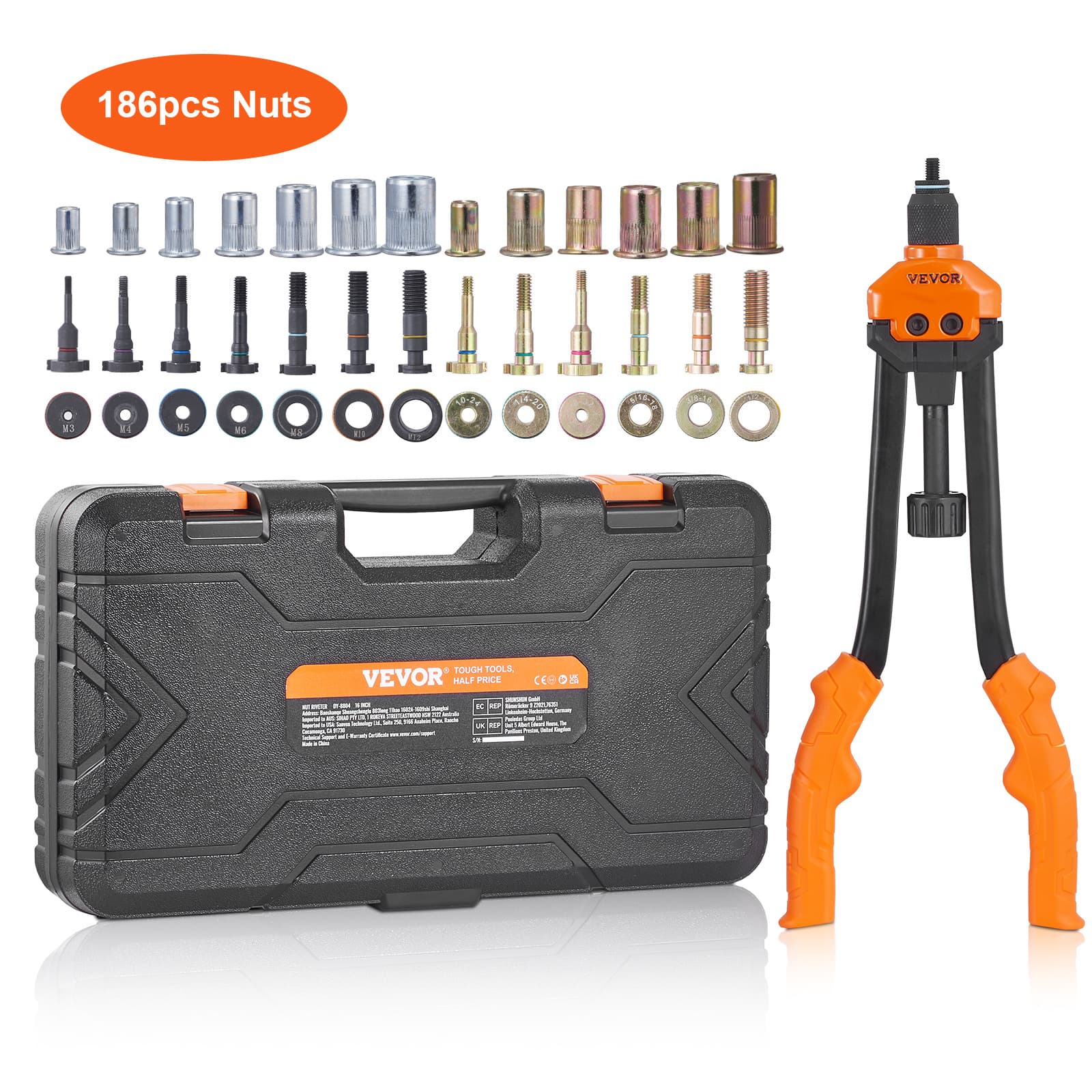 TEMU Vevor Rivet Nut Tool, 16” Rivnut Tool Kit With 13pcs Metric And Sae Mandrels, 186pcs Rivet Nuts, M3, M4, 10-24, M5, M6, 1/4, 8-32, 5/16-18, M8, 3/8-16, M10, M12, 1/2-13, With Carrying Case