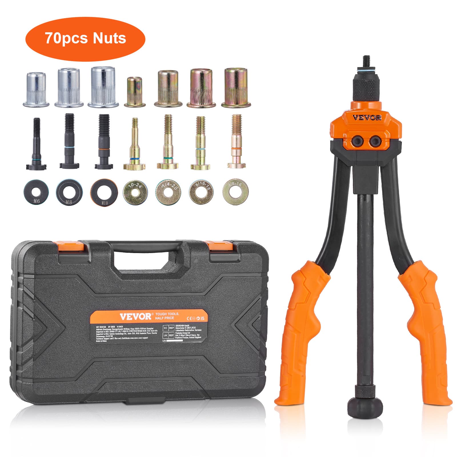 TEMU Vevor Rivet Nut Tool, 14” Rivnut Tool Kit With 7 Pcs Metric And Sae Mandrels, 70 Pcs Assorted Rivet Nuts, 10-24, 1/4, M6, 5/16-18, M8, 3/8-16, M10, Rivet Nut Kit With Rugged Carrying Case