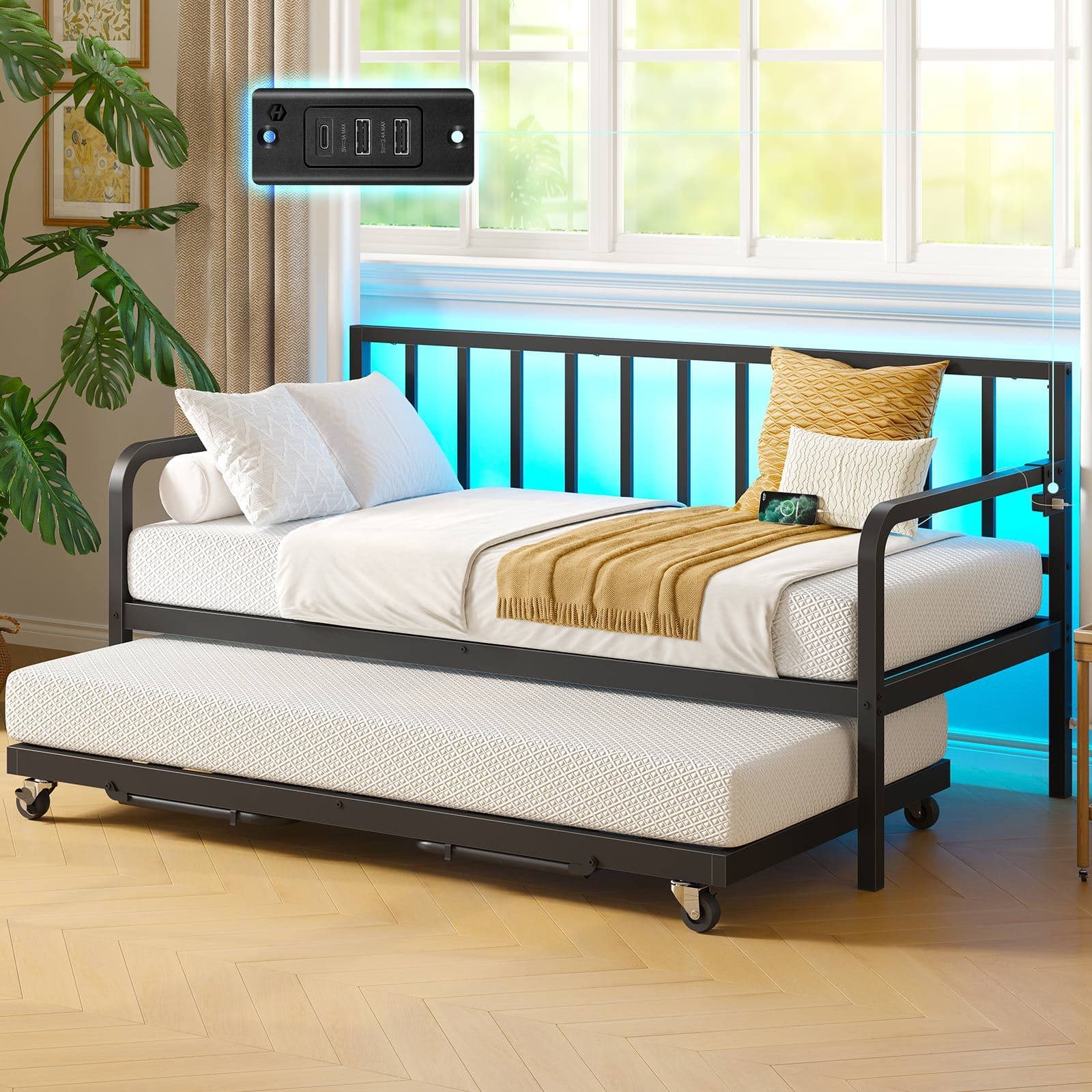TEMU Twin Daybed With Backrest And Pop-up Trundle Set, Modern Black Frame – Daybed With Trundle,with Led Lights & Usb Charging Station, Easy Assembly, Bedroom Decor
