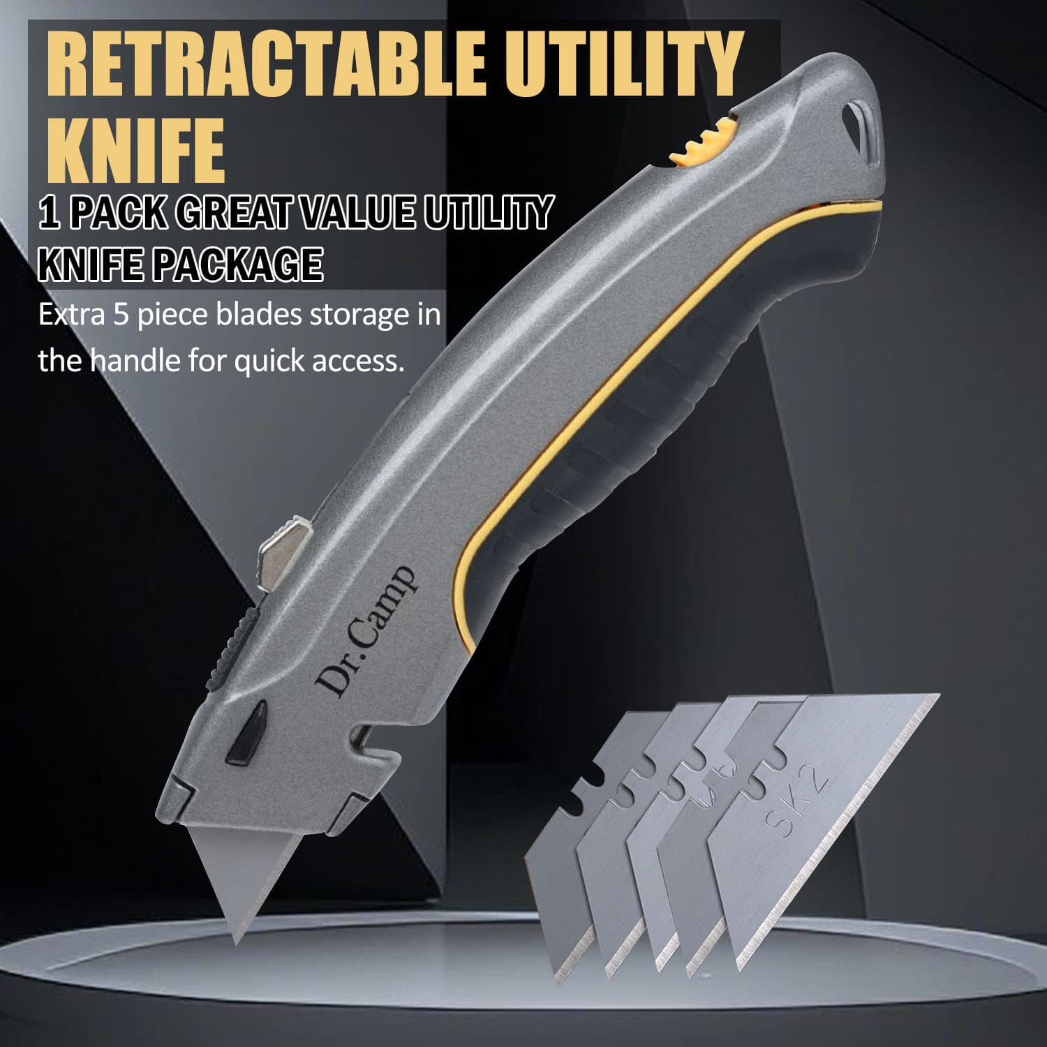 TEMU Utility Knife, Sk2 Heavy Duty Retractable Box Cutter With Blade Storage (6 Total), Razor Knife Suitable For School Camping Diy Car Emergency Kit Cutting Cardboard Plastic Rope