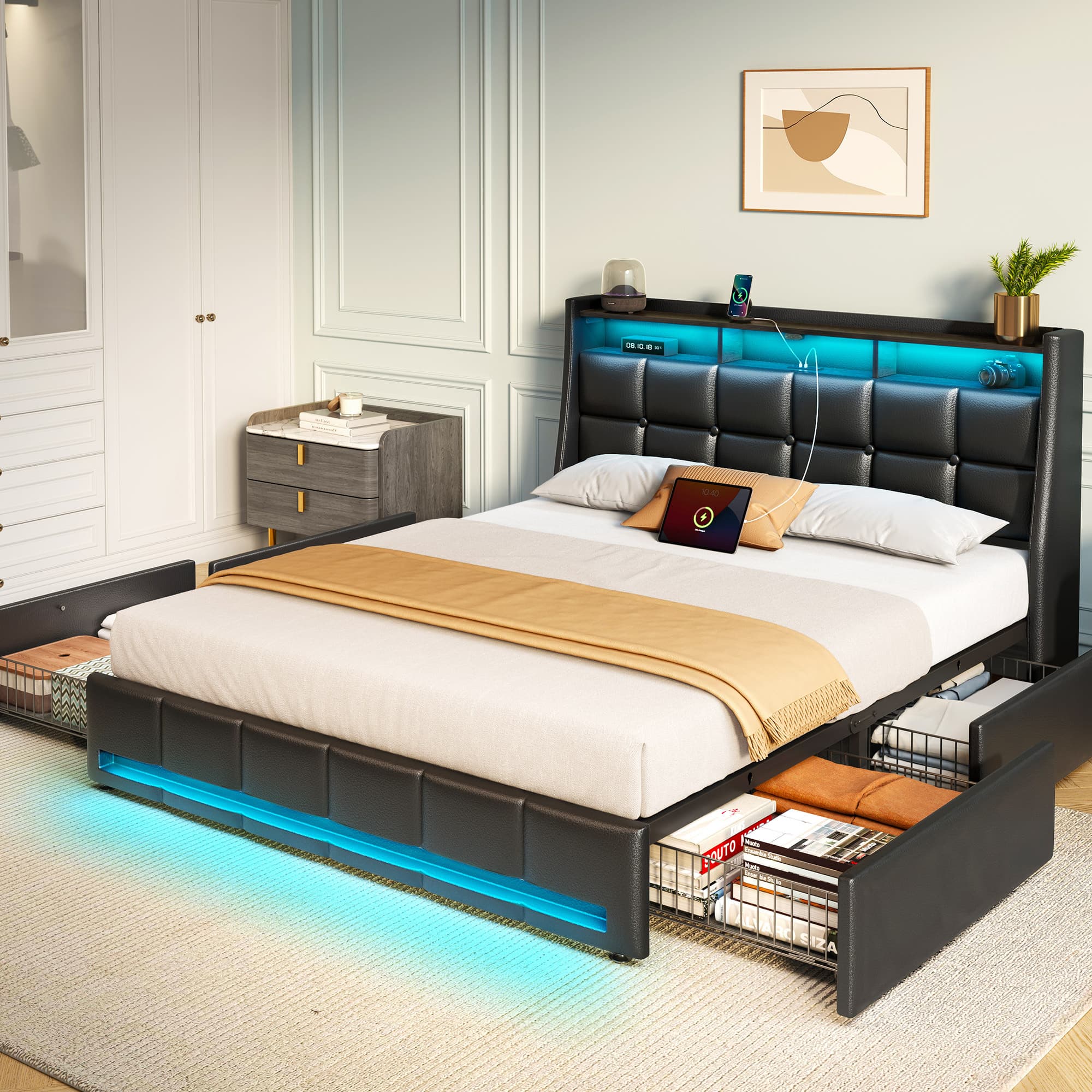 TEMU Bed Frame With Led Lighting, Built-in Charging Station, Have Remote Pu Leather/neutral- Linen Fabric Storage Headboard & Drawers,heavy Duty Wood Slats, Assembly - Bedroom Furniture Upgrade, Decor