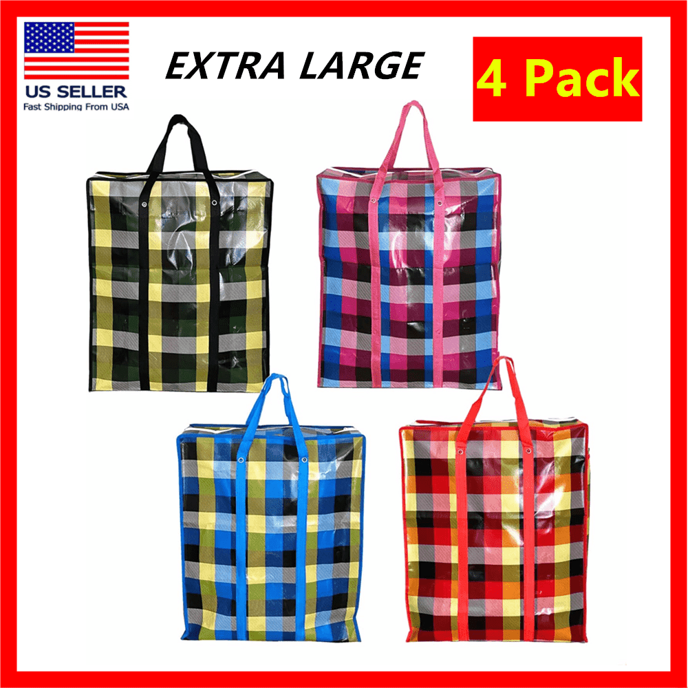 TEMU Set Of Large Reusable Hard Plastic Fabric Checkered Laundry Bags With Zipper And Handles For Travel, Grocery, Laundry, Shopping, Moving, Size: (28"x23"x9.5")- Colors May