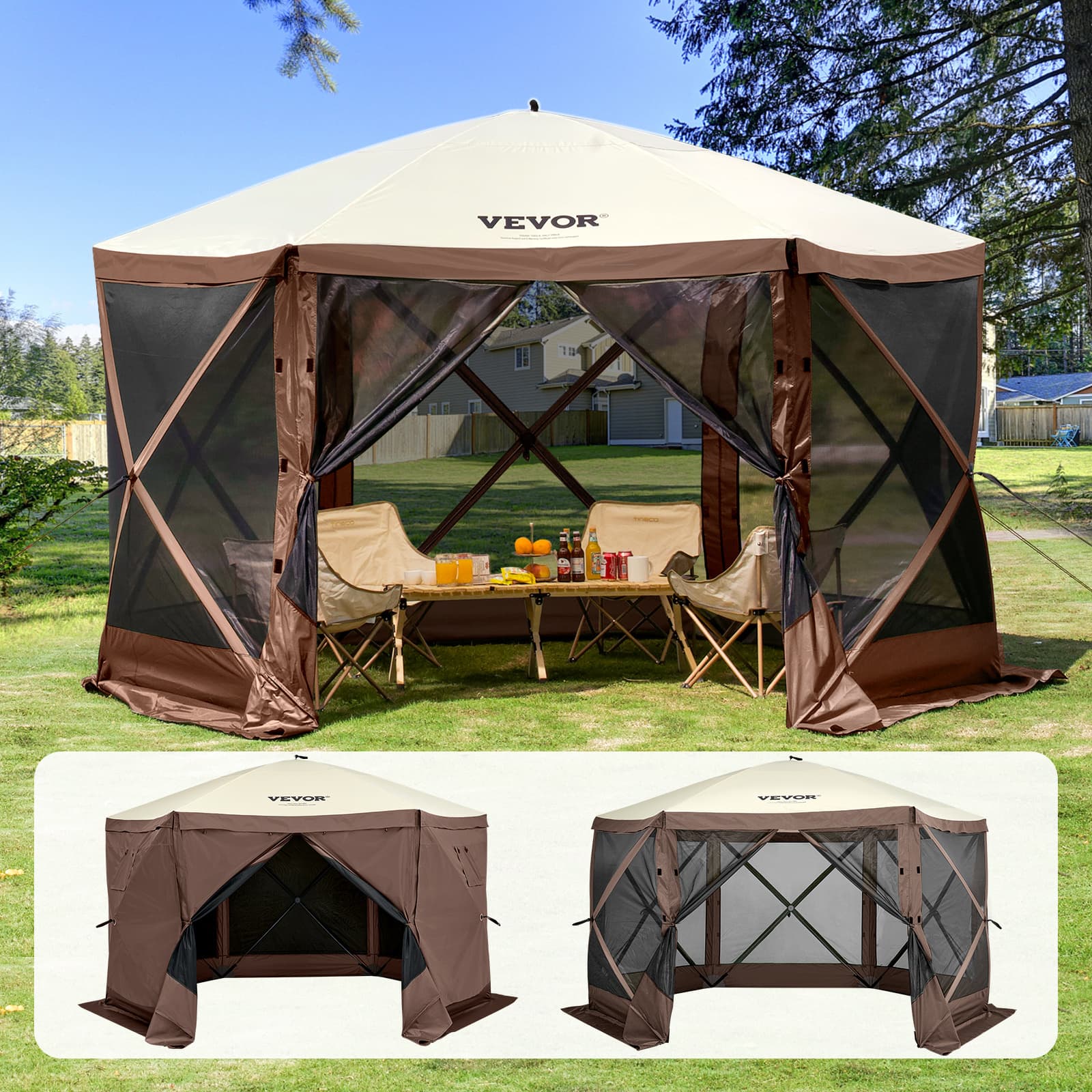 TEMU Vevor Pop Up , Pop-up Screen Tent 6 Sided Canopy Sun Shelter With 6 Removable Privacy Wind Cloths & Mesh Windows, 10x10ft/ 12.5x12.5ft Quick Tent With Netting, Army Green/brown