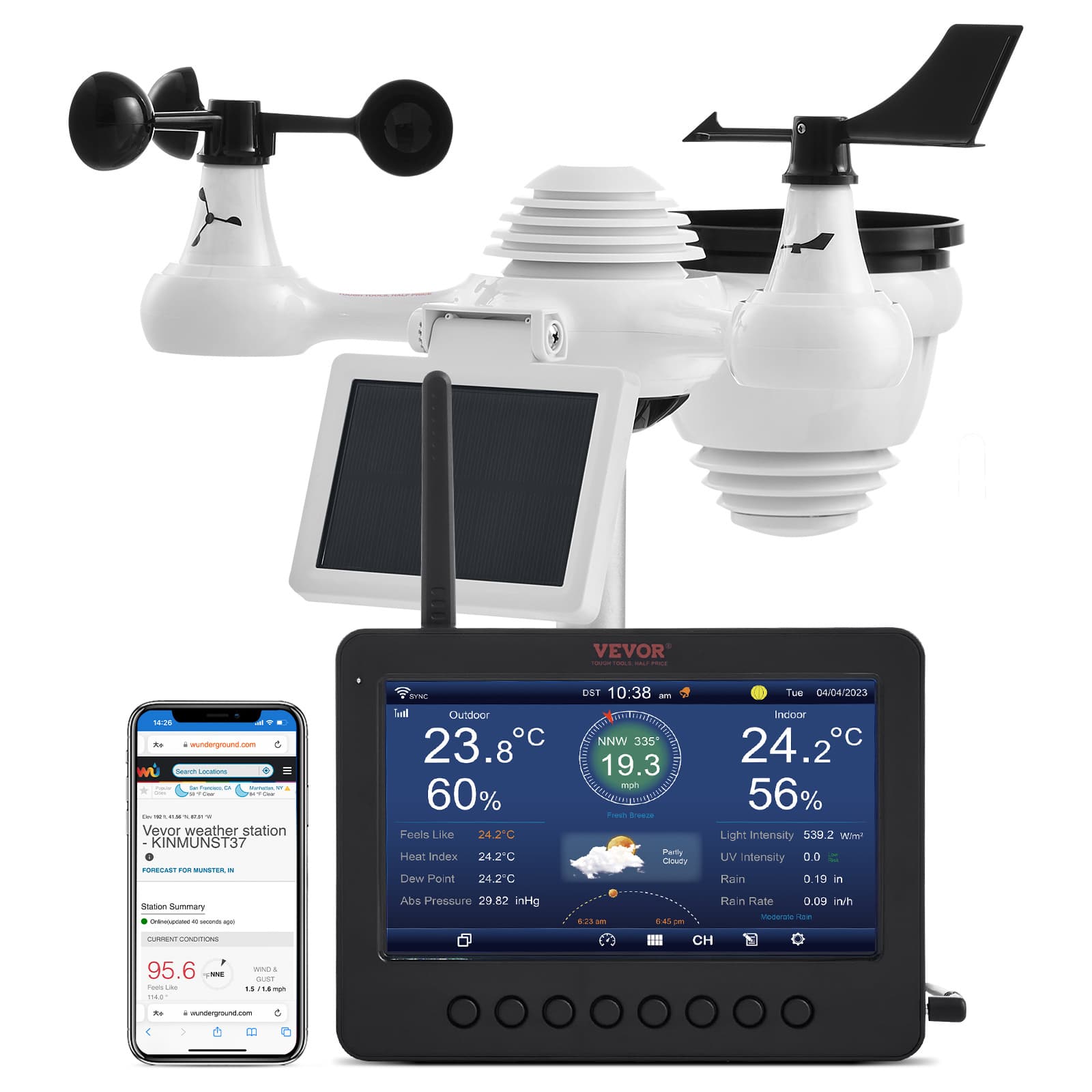 TEMU Vevor 7-in-1 Wi-fi Solar Self-charging Weather Station With 7" Tft Color Display, Solar-powered Sensor, Monitoring For Temperature, Humidity, Wind Speed/ And