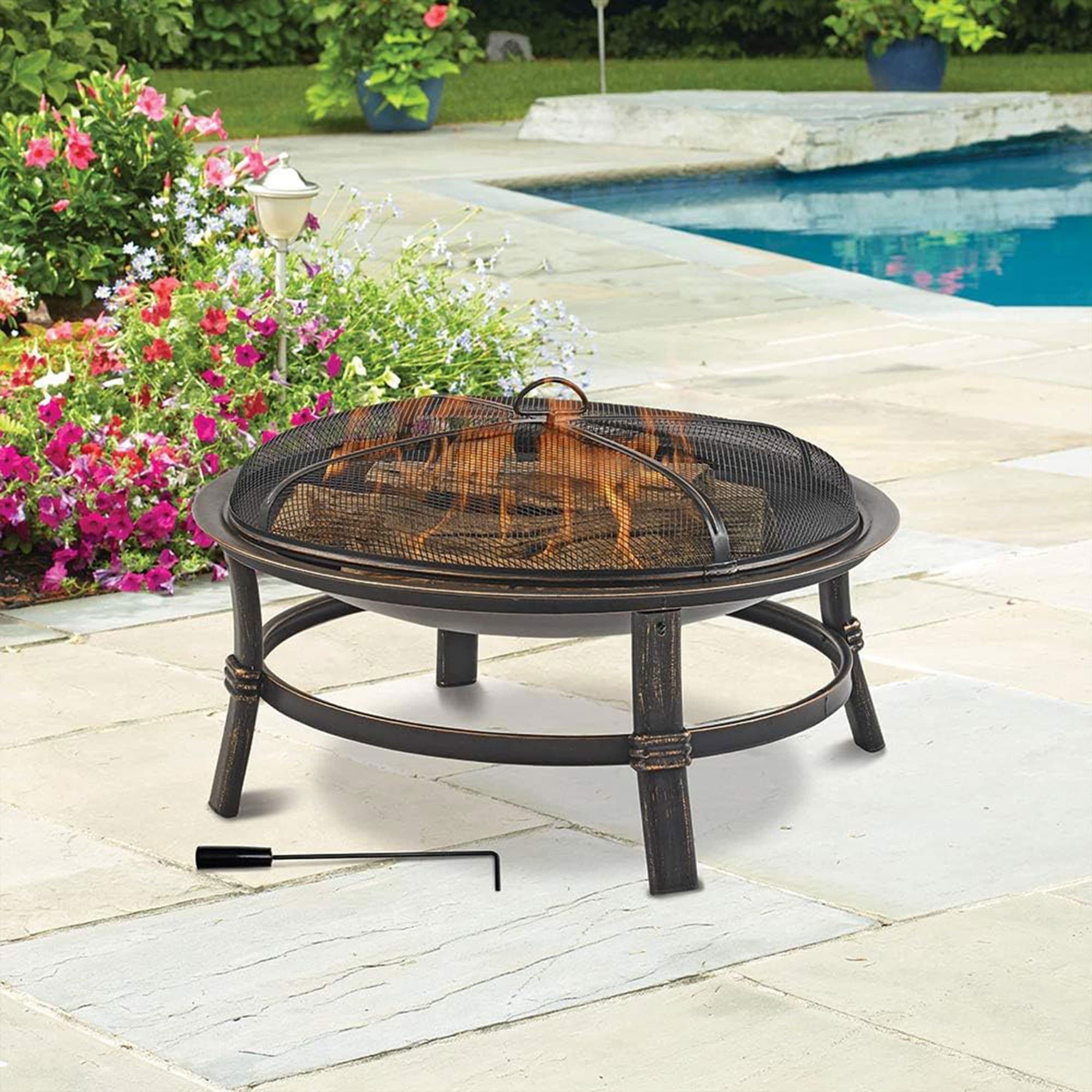 TEMU Mr. -q 29 Inch Wood Burning Steel Fire Pit Bowl Outdoor Bonfire Fireplace With Spark Screen And For Deck, Patio, And Backyard Porch, Black
