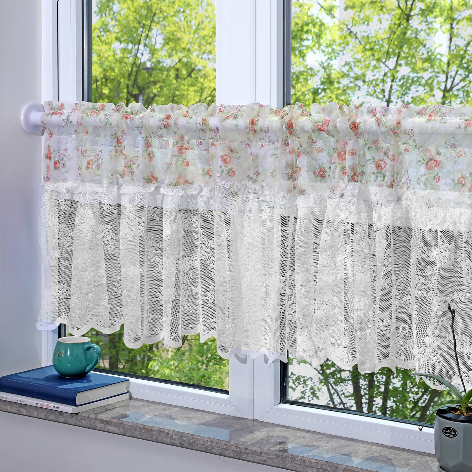 TEMU 1 Piece Elegant White Lace Sheer Window Valance, Vintage Flowers Design, Rod Pocket Curtain For Kitchen, Café, Dining, And Bathroom Decor