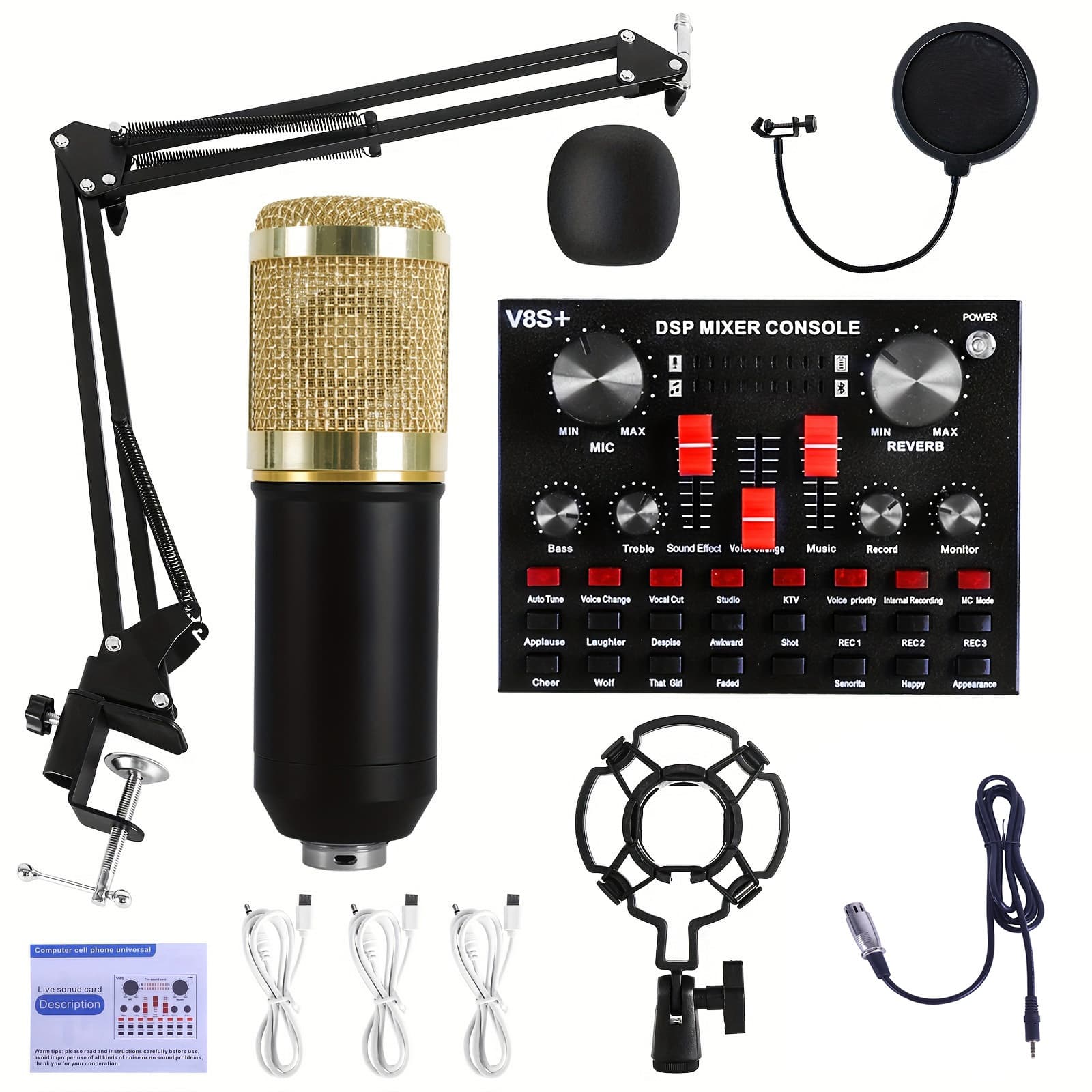 TEMU Recording Studio Equipment, V8s Audio Interface, Wired Microphone With All In 1 Live Sound Card And , Podcast Microphone, Perfect For Recording, Live Streaming