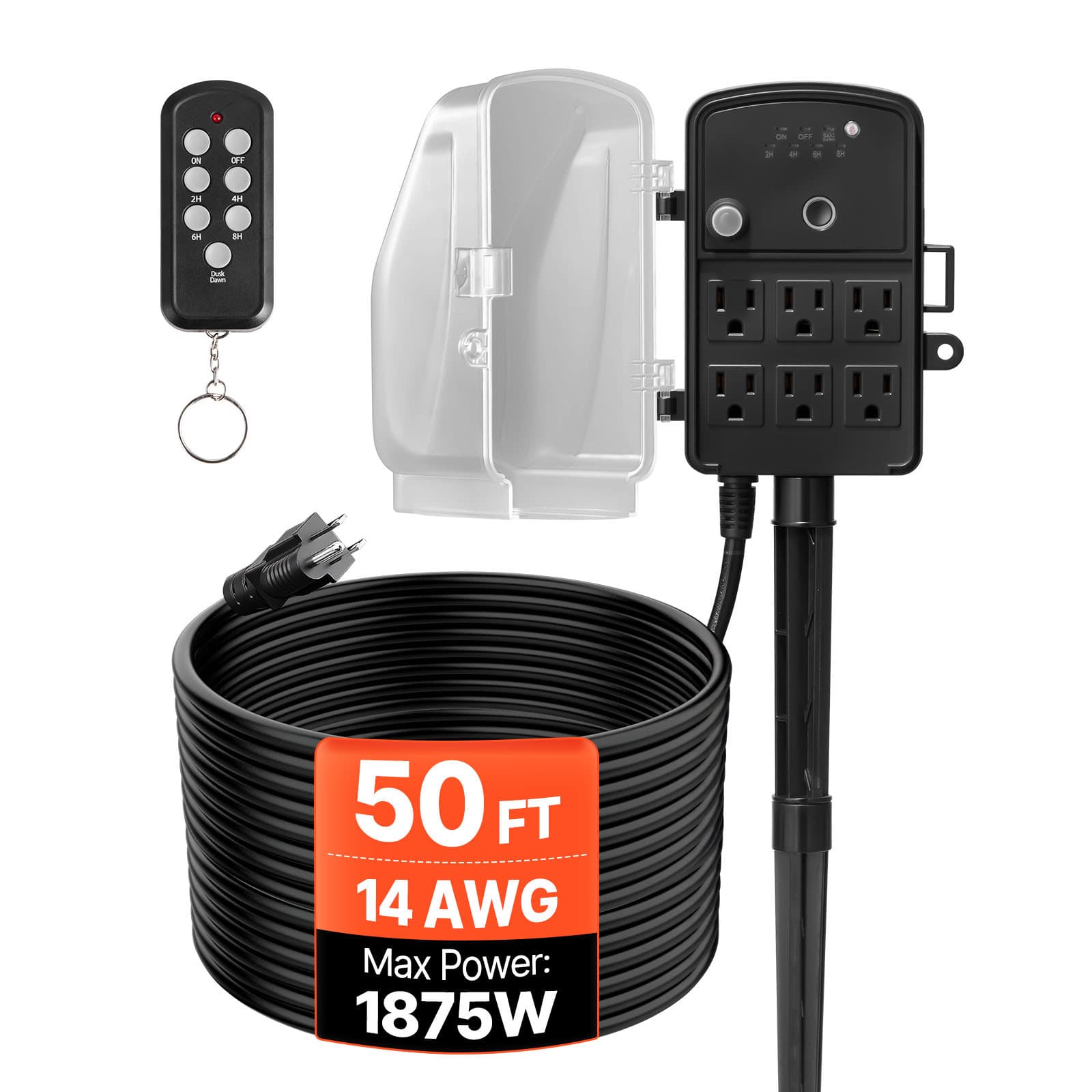 TEMU Vevor Outdoor , 25ft / 50ft / 100ft Extension Cord, Outdoor Power Strip Weatherproof With Cover, Remote Control Dusk To Dawn Light Timer, 6 Outlets, 1875w/15a, For Christmas Lights, Garden