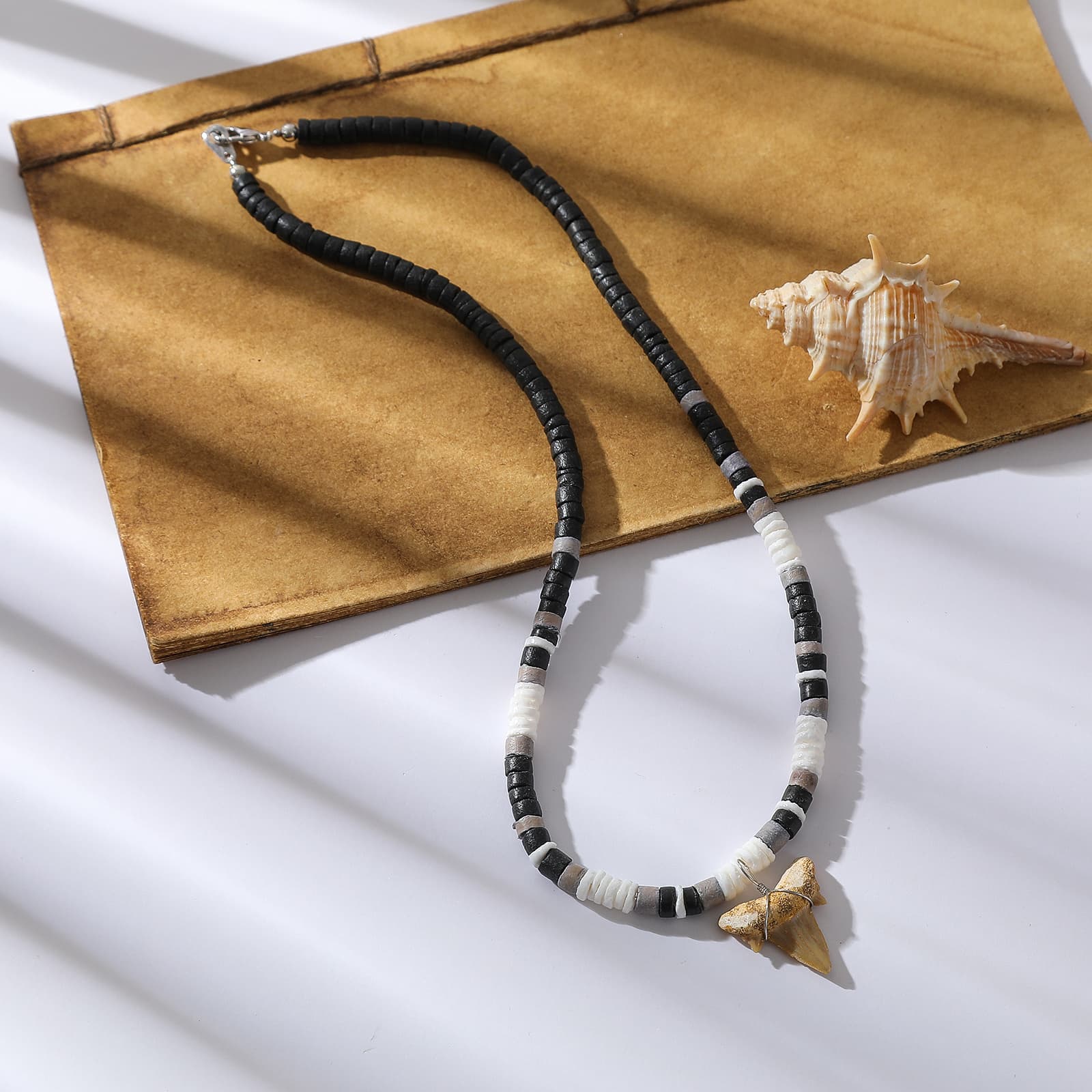 TEMU 1 Pc Tooth Fossil Pendant W Black, White, And Grey Coconnut Beaded Necklace, Ocean- For Men And Women, Perfect Gift For Birthdays/anniversary/ Day/easter/spring/summer/party/travel
