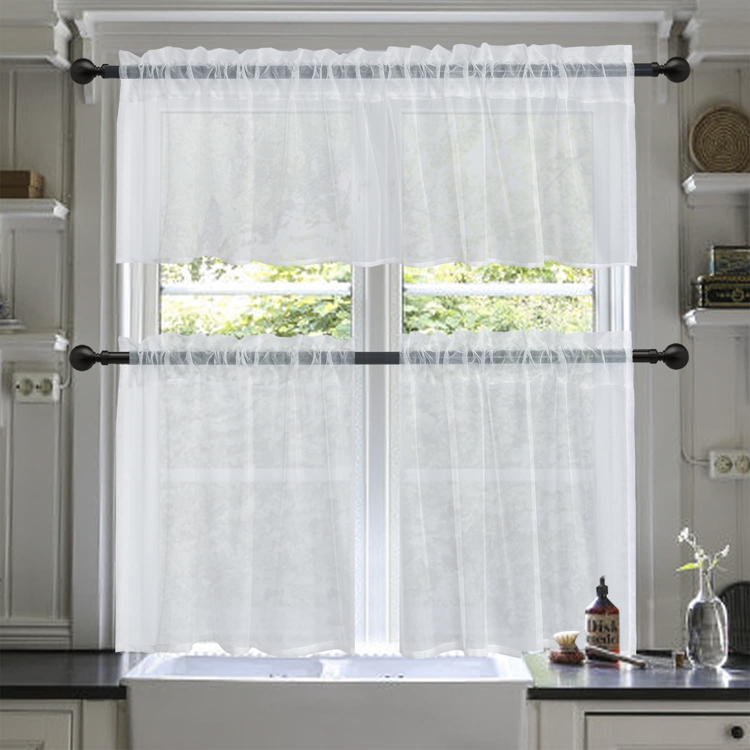 TEMU 3 Panels Rod Pocket Elegant Mesh Kitchen Window Curtain Set – 2-piece Tiers And Valance For Light Filtering, Privacy, And Decorative – Farmhouse, Modern, Or Classic Interiors