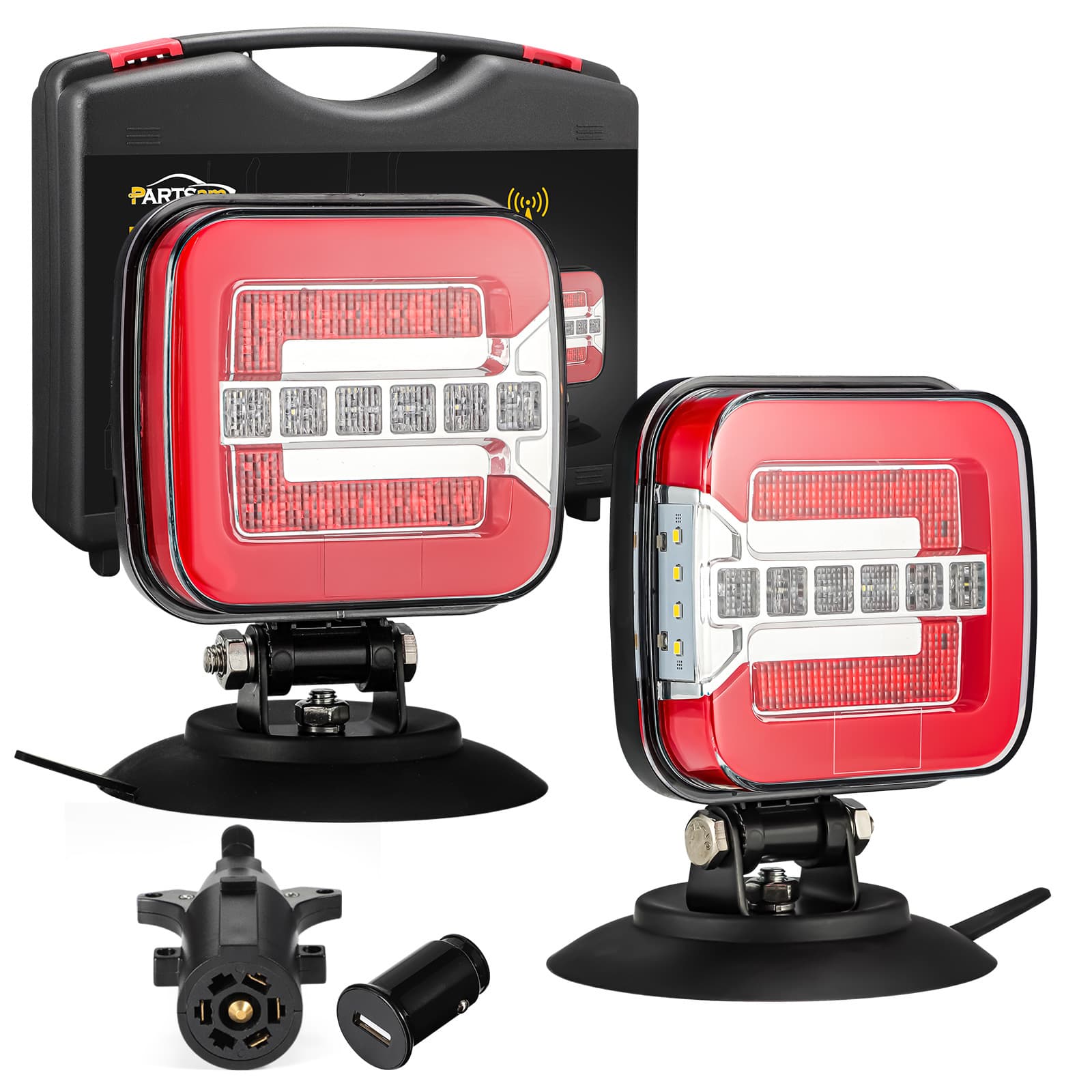TEMU Wireless Led Trailer Light Kit, Square Portable Magnetic Stop Turn Reverse License Towing Tail Lights With Metal Bracket 7-pin Plug For Trucks Trailers 12-24v