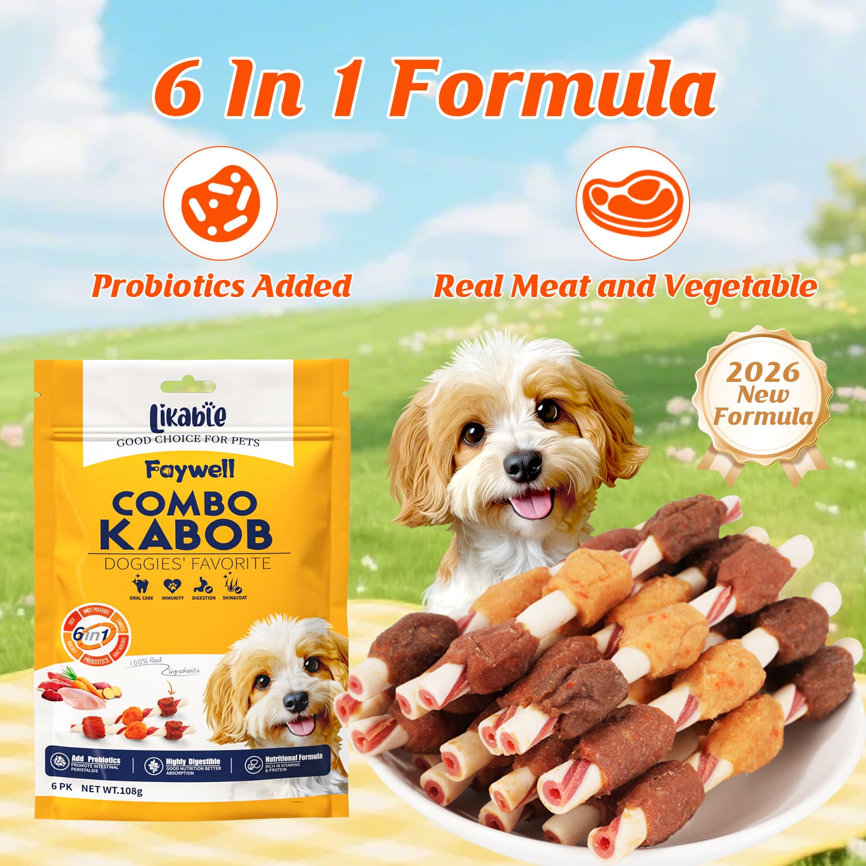 TEMU 6 In 1 Combo Dog Treats, Chew Stick, Rich In Protein & Vitamins & Probiotics, Supports Oral Health, , 16pk/6pcs