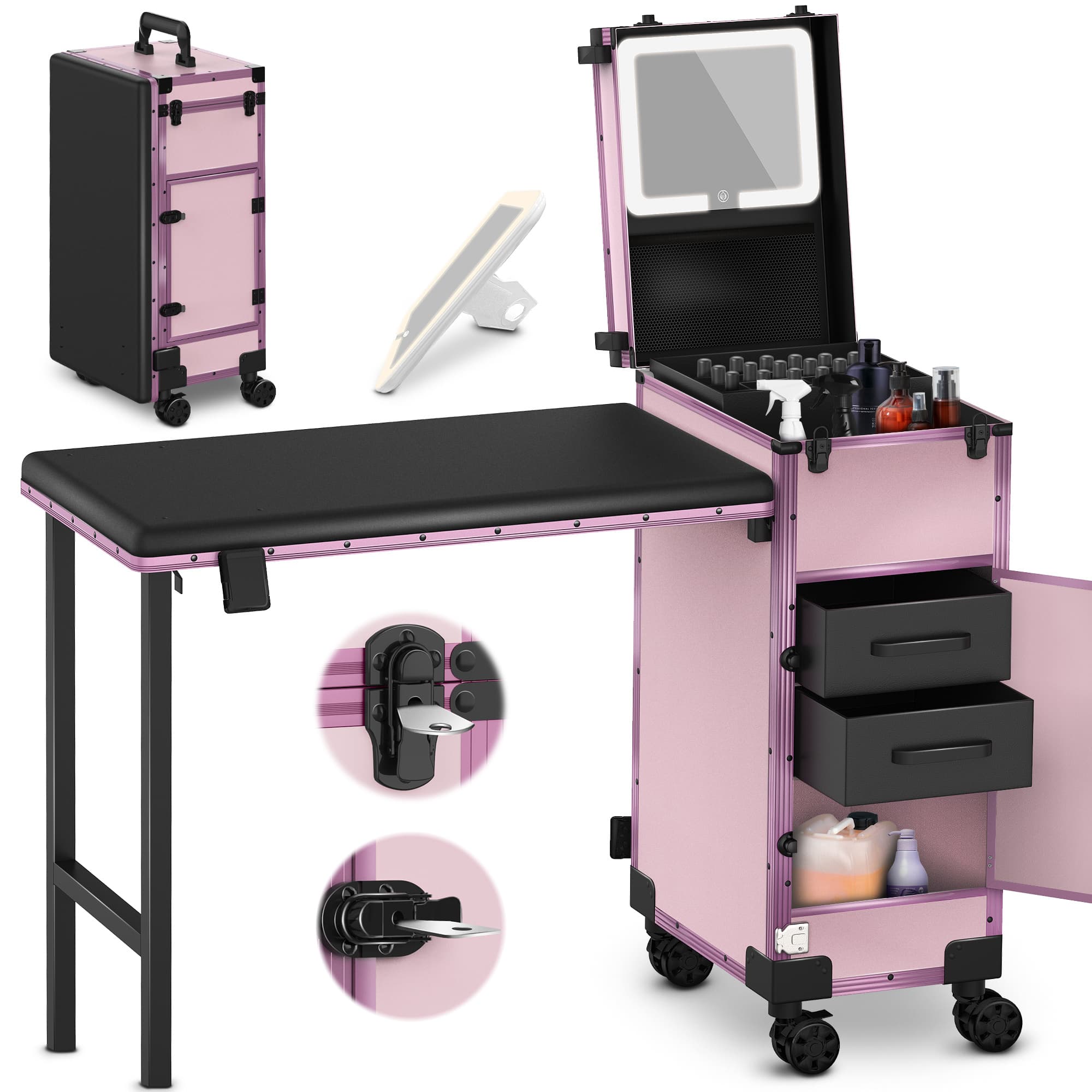 TEMU Portable Manicure Table With Rolling Trolley, Lockable Drawer Nail Tech Workstation With Mirror, Foldable Makeup Artist Table, Polish Storage