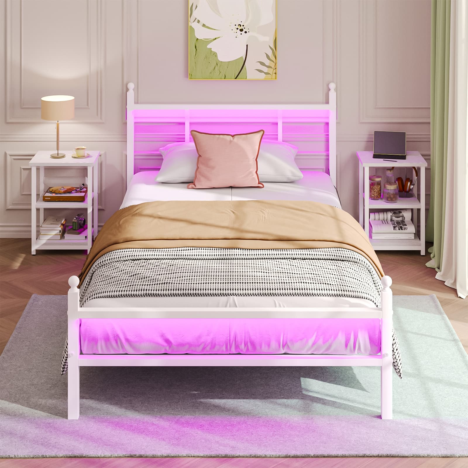 TEMU Bed Frame Twin Size With Led Lights And Charging Station, , Easy Assembly,