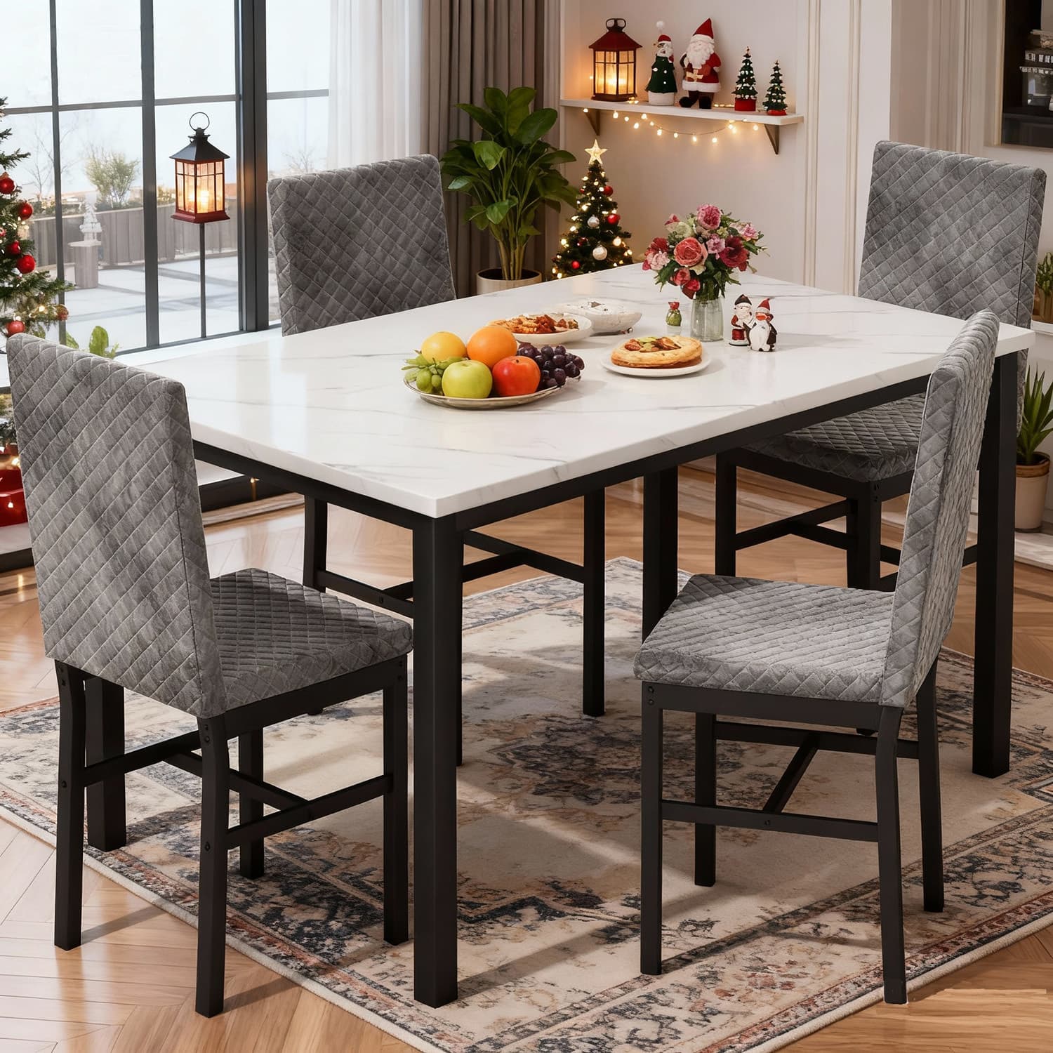 TEMU 5-piece Marble Dining Table Set With Velvet Dining Chairs, Elegant Breakfast Table Set For 4, Perfect For Small Dining Rooms Modern Dinner Table Set For 4 With 4 Chairs, Ideal Dining Room Sets