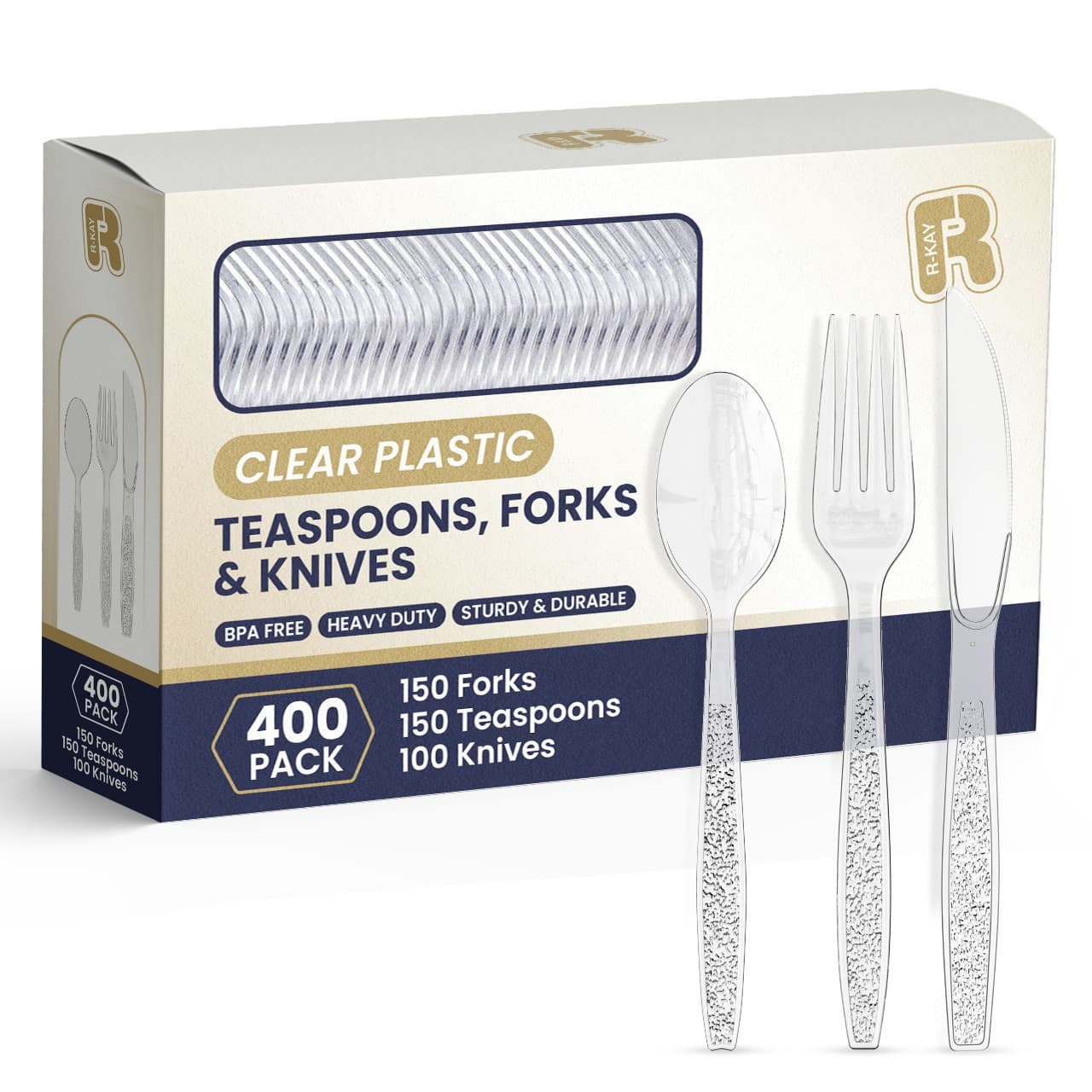 TEMU 400 Pack Heavy Duty Plastic Silverware, 150 Clear Forks 150 Spoons And 100 Knives Set Heat Resistance Plastic Cutlery, Disposable Silverware